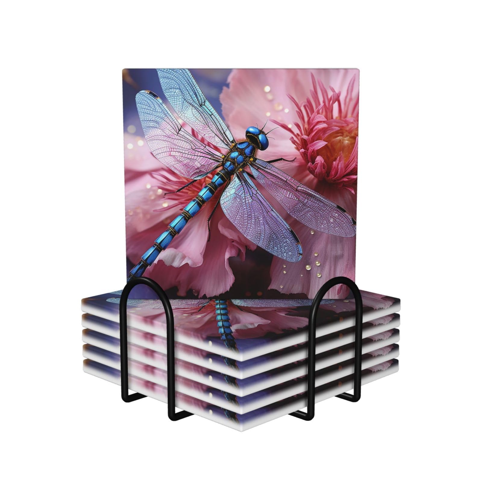 Dessous de verre carrés en céramique 10,4 cm motif fleur rose et libellule