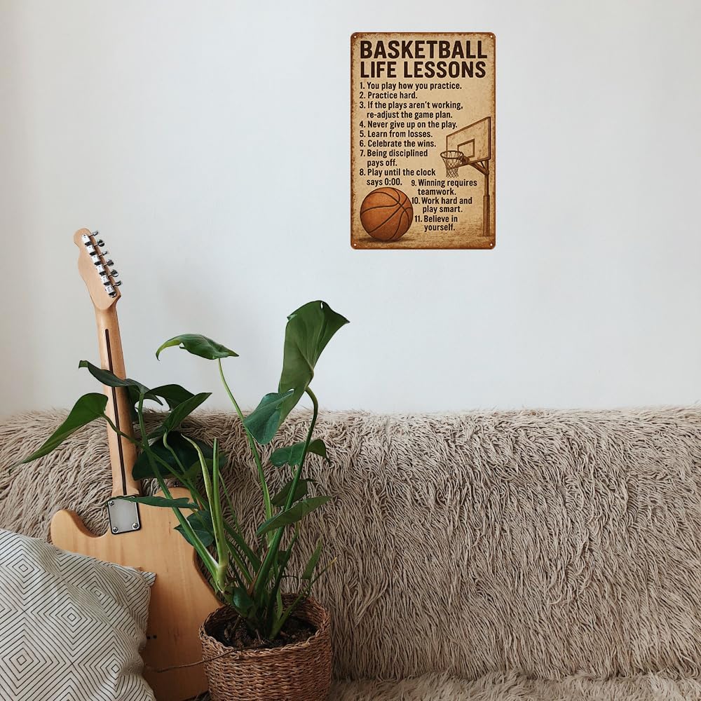 Basketball Gifts for Men, Sports Wall Art with Life Lessons Quote, Vintage Metal Tin Sign for Boy's Room, Man Cave, Office, Retro Motivational Decor 8x12 Inch image 5