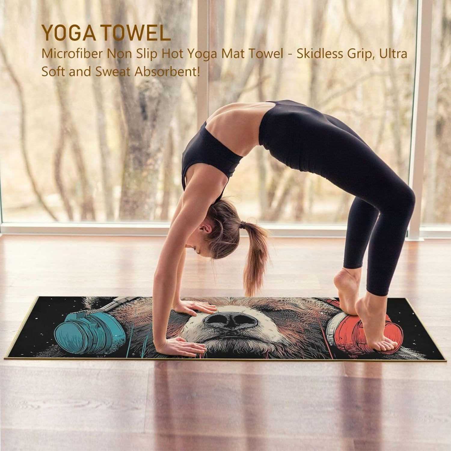 Bear Headphone Hot Yoga Towel – Stylish, Non-Slip, Grip Dot, Super Absorbent, 27" x 73" - Yoga Mat Towels for Exercise, Fitness