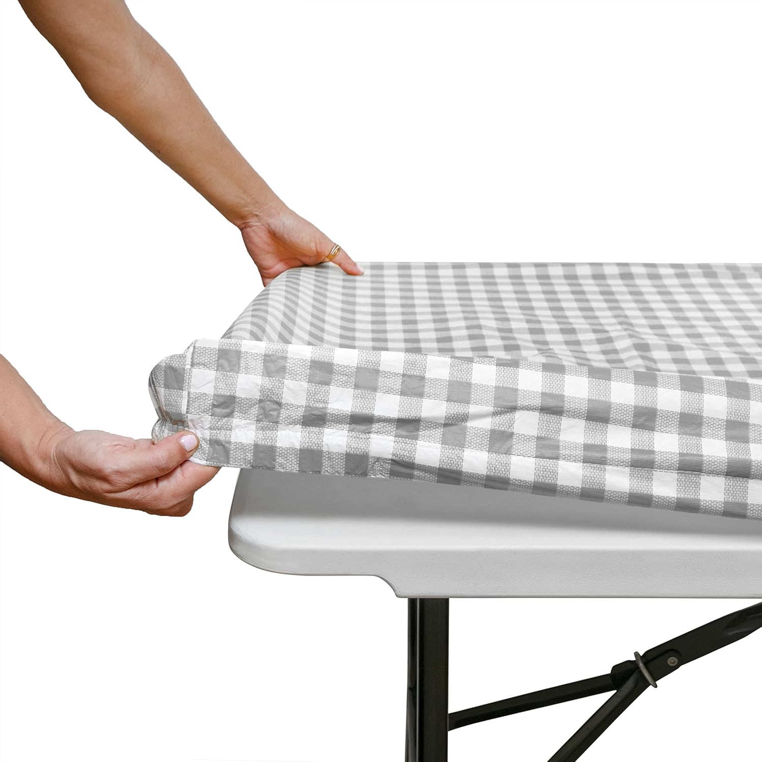 Tablecloth for Folding Table -Fitted Rectangular Table Cloth Plastic Vinyl Backed with Elastic Rim- for Christmas|Parties, Picnic (Gray Plaid, 8 ft, 32x96 inch)