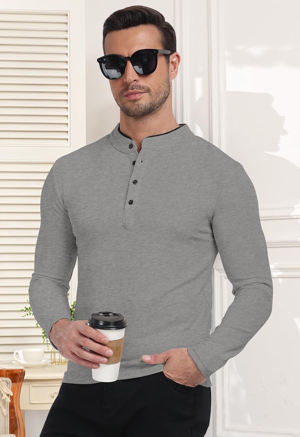 KUYIGO Men's Long Sleeve Slim Fit Mandarin Polo Shirts Waffle Button Fashion Casual Tops T-Shirt - Image 5