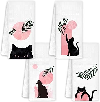 JINYO Boho Black Cat Kitchen Towels Set of 4, Pink and Black Cat Hand Towels for Bathroom, Boho Botanical Cat Dish Towels, Black and Pink Bathroom Decor, Cat Kitchen Decor, 16x24 Inch