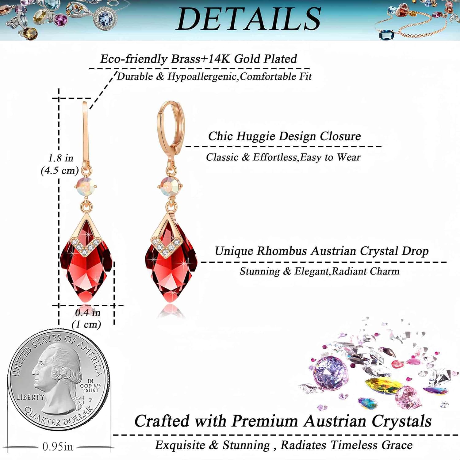 Trendy Austrian Crystal Rhombus Drop Huggie Dangle Earrings for Women 14k Rose Gold Plated Hypoallergenic Jewelry Gifts - Image 4