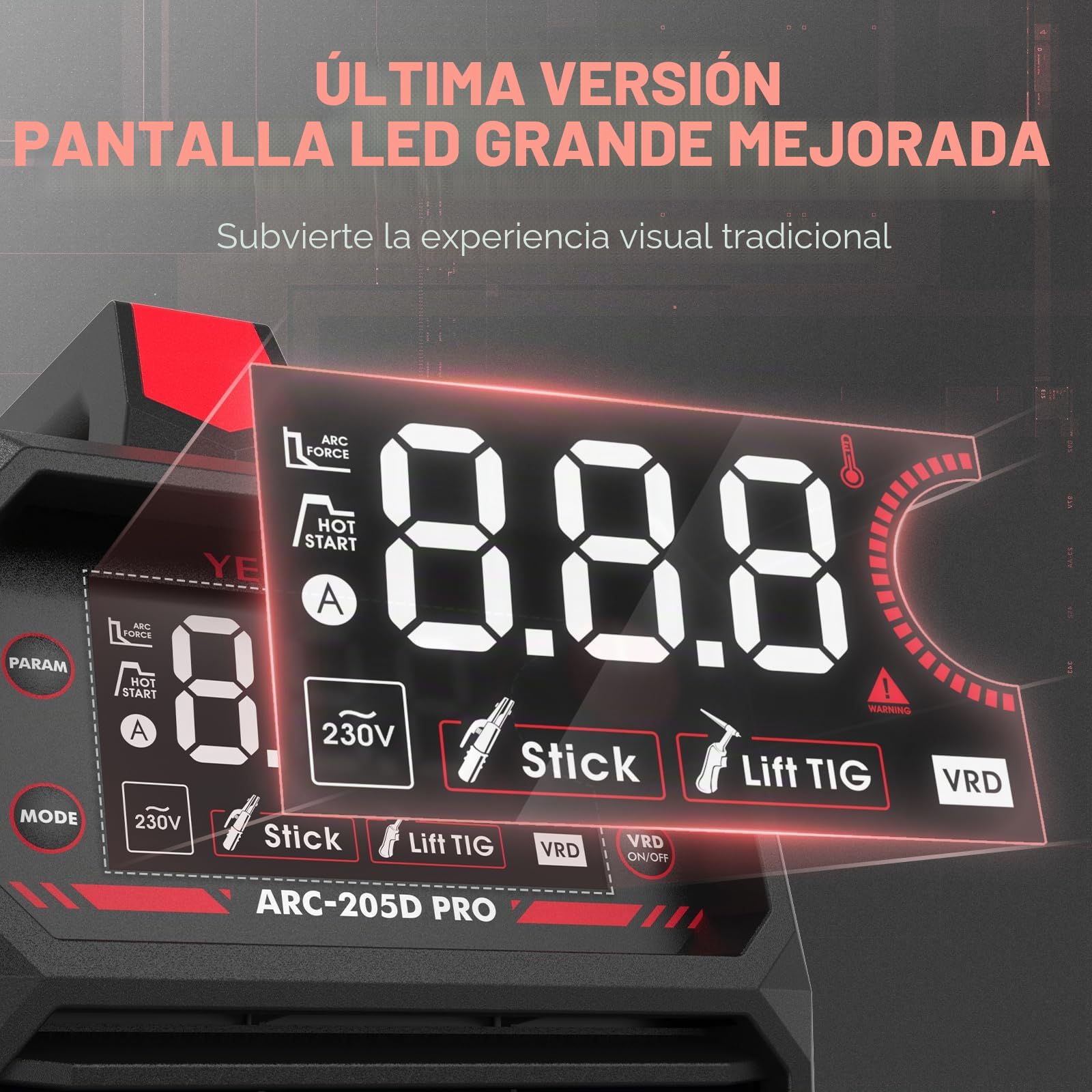 YESWELDER 205Amp ARC Soldador 230V MMA/Lift TIG Soldador Portátil, Gran Pantalla LED Digital Inverter IGBT Soldar con Arranque en Caliente de la Fuerza del Arco, Anti-Stick