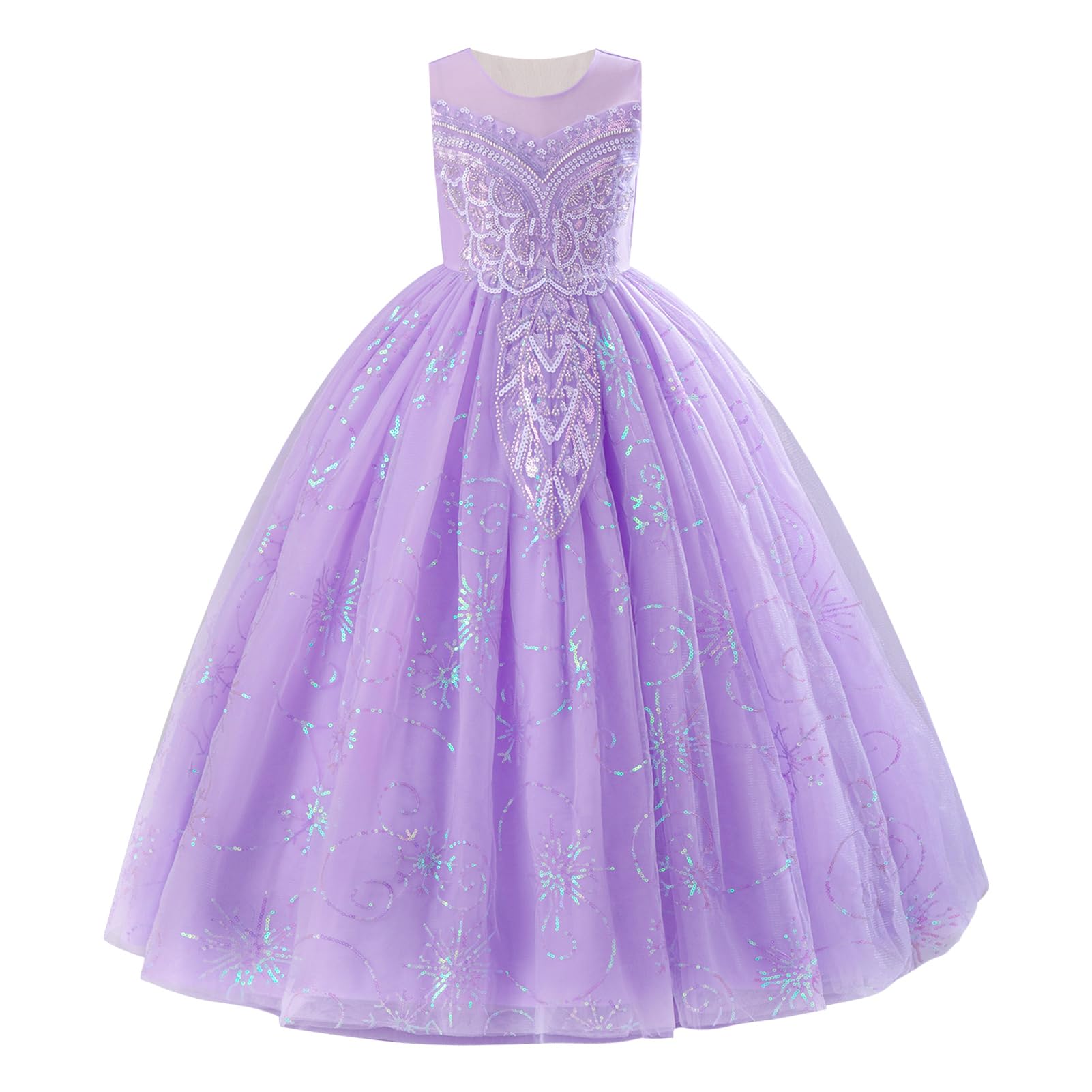IDOPIP Vestido largo de tul con apliques de lentejuelas para niñas, para bodas, concursos, fiestas, cumpleaños, comuniones, vestidos de tul
