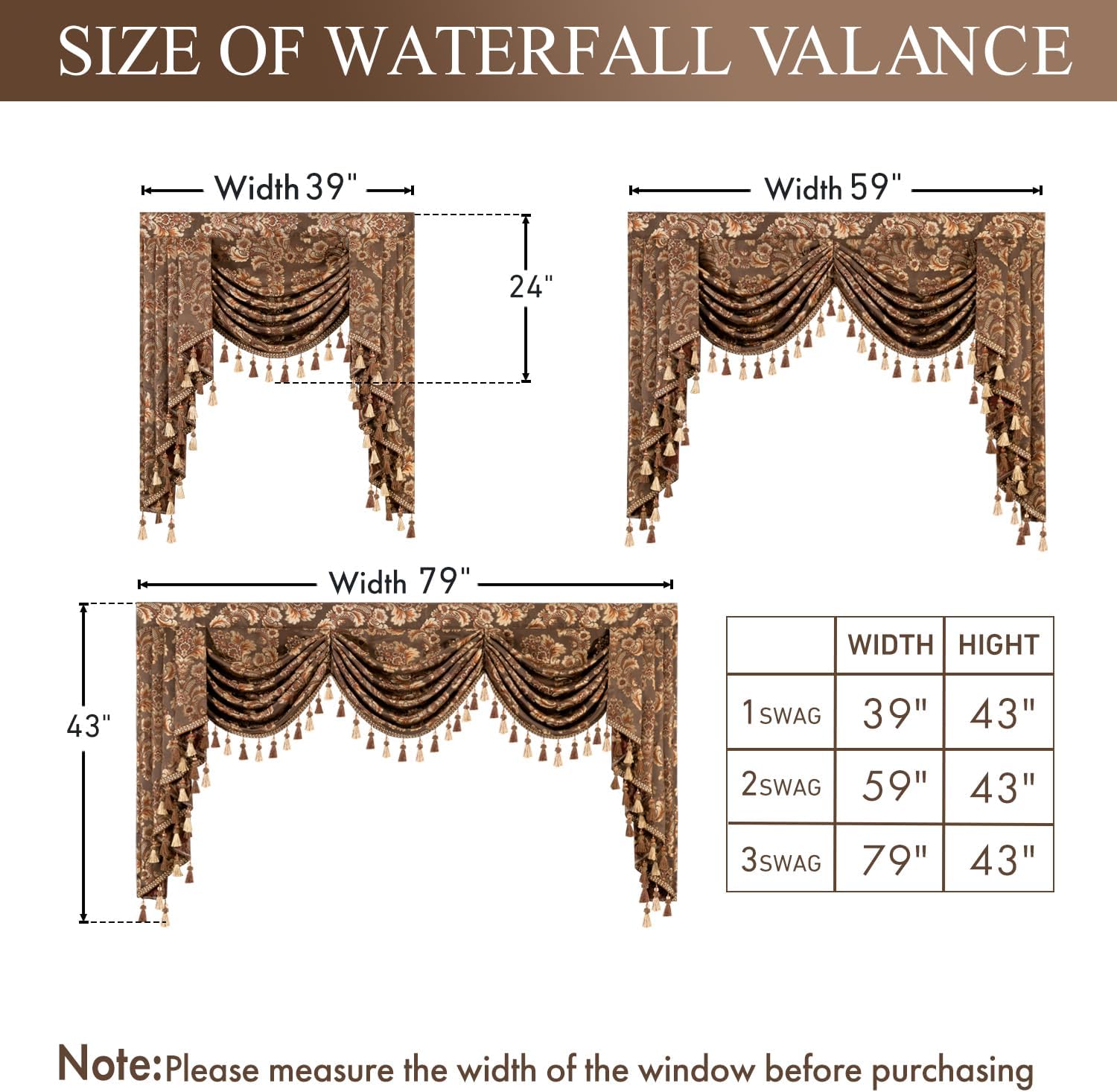 Leeva Victorian Coffee Brown Waterfall Valance - Heavyweight Swag with Beaded Tassels, 39-Inch Damask Jacquard Valance for Bedroom & Living Room Windows
