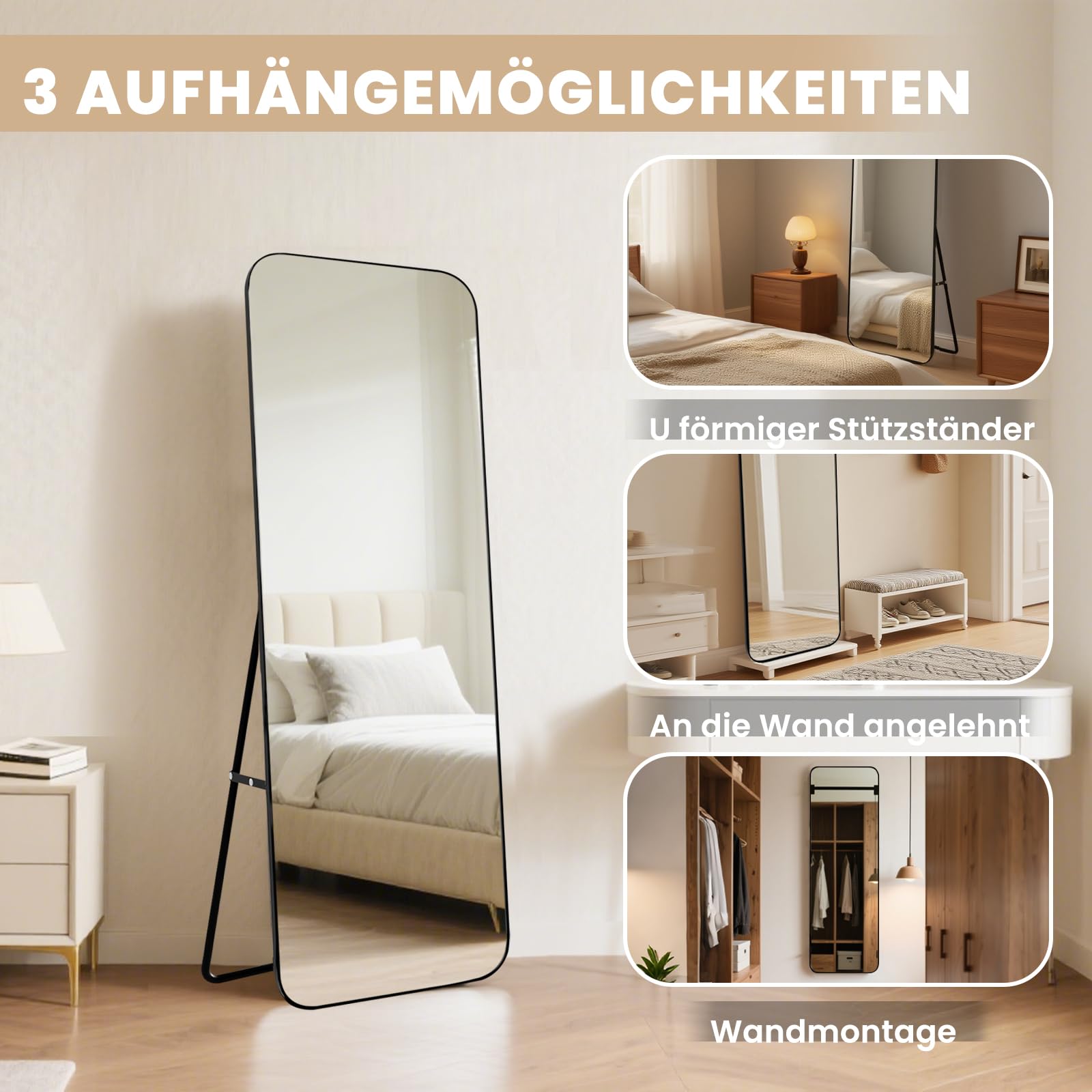 Standspiegel Ganzkörperspiegel, 140L x 40B cm, schwarzes Design mit abgerundeten Ecken, Wandspiegel mit Aluminiumrahmen, Bodenspiegel mit modernem Design, Anlehnen oder Freie Platzierung