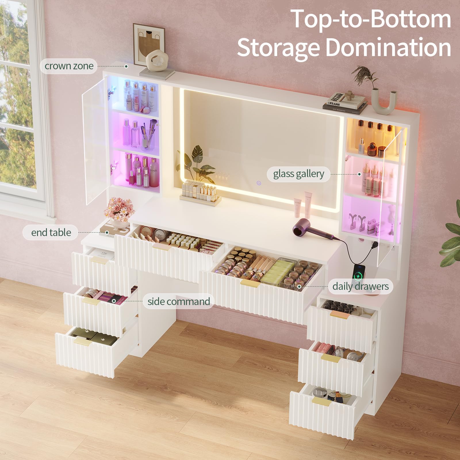 HAUOMS Big Vanity Desk, Fluted Makeup Vanity with Mirror Lights, Dressing Table — product photo