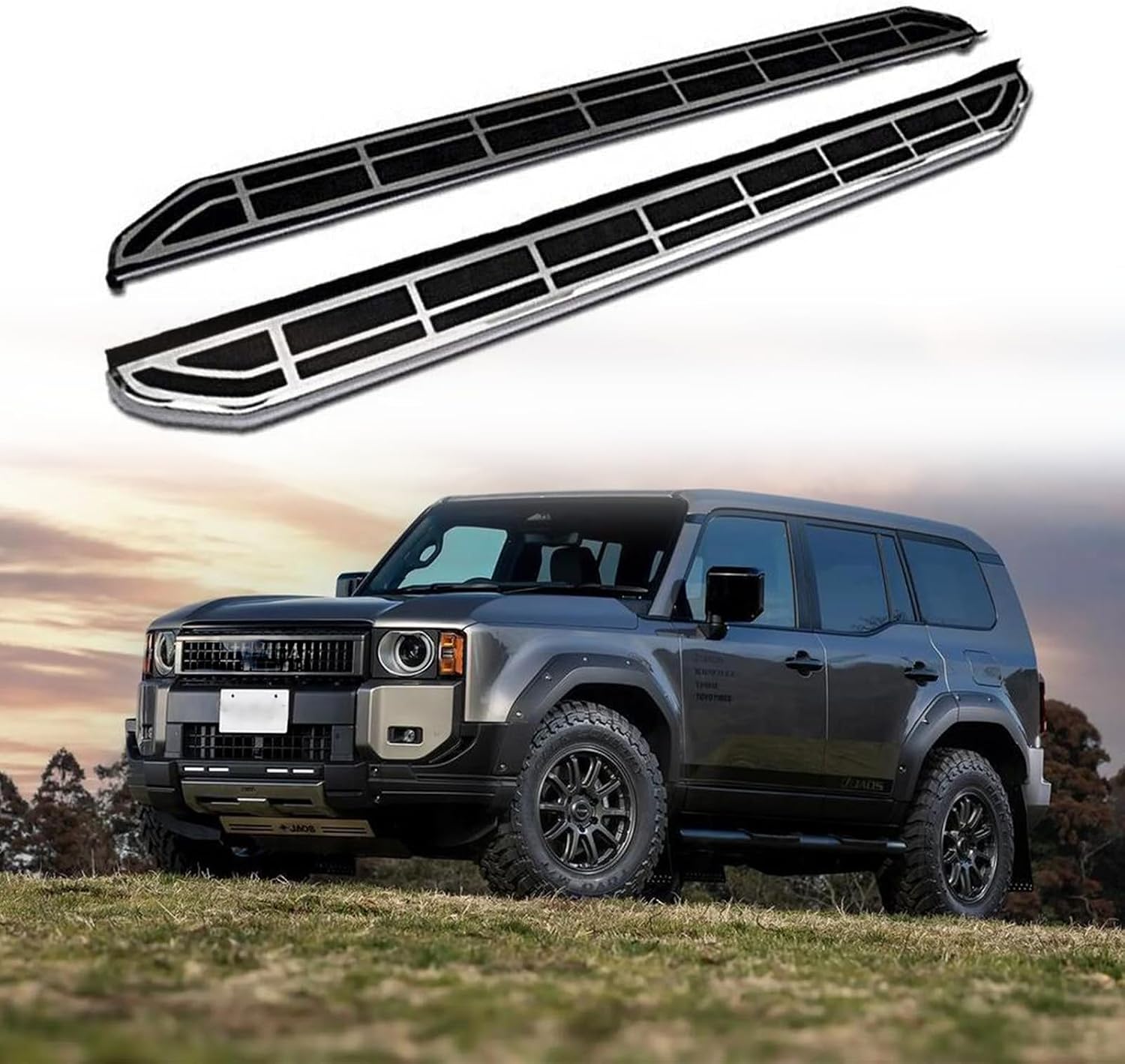 2Pcs Fits for T Prado J250 LC250 Running Boards Side Steps Pedals Silver Nerf Bar Black Plaid Decoration Style