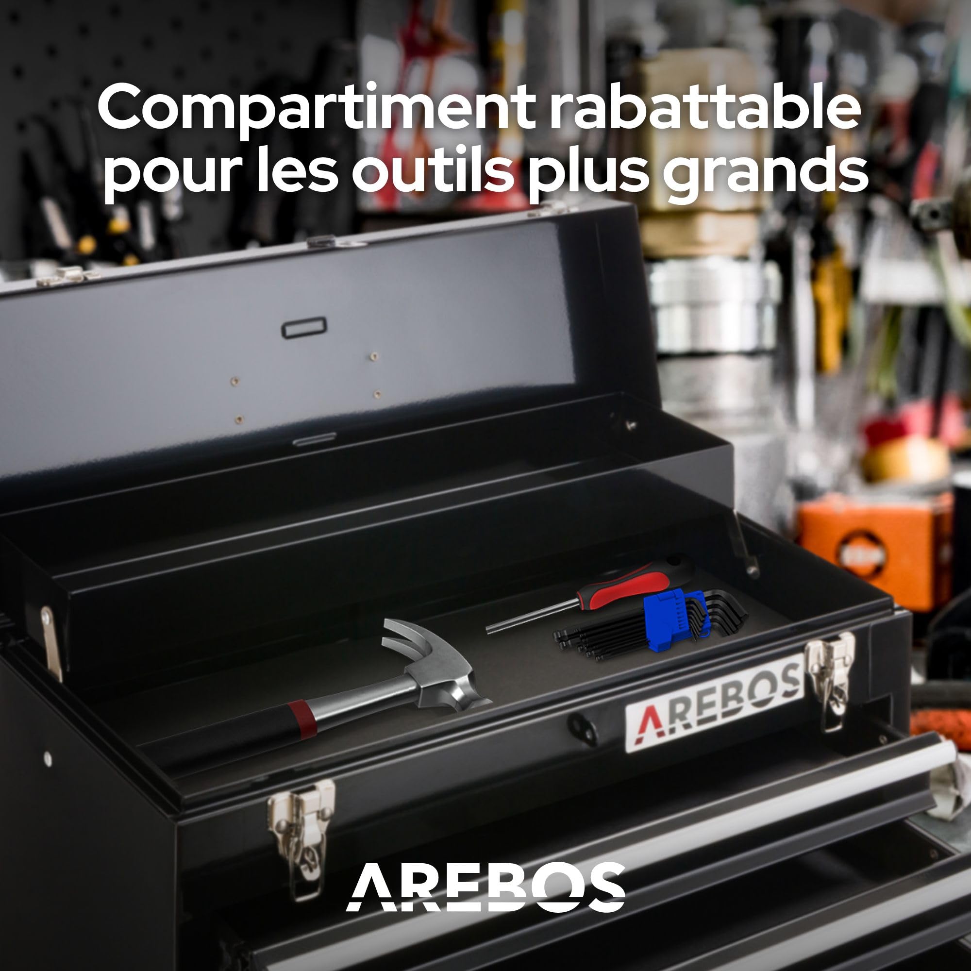 Arebos Boîte à outils avec 3 tiroirs et 2 compartiments de rangement | Poignée de transport et fermetures à pression | Coffret à Outils | Tapis antidérapants | Noir