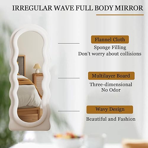 Miniatura 3 de Espejo irregular de 63 x 24 pulgadas de longitud completa, espejo de suelo ondulado de franela con soporte, espejo de cuerpo completo de pie libre
