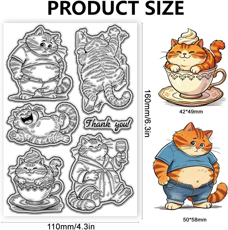 Funny Fat Cat Clear Stamp Comical Animals Silicone Stamps for DIY Scrapbooking Card Making Photo Album 4.3x6.3 inch image 2