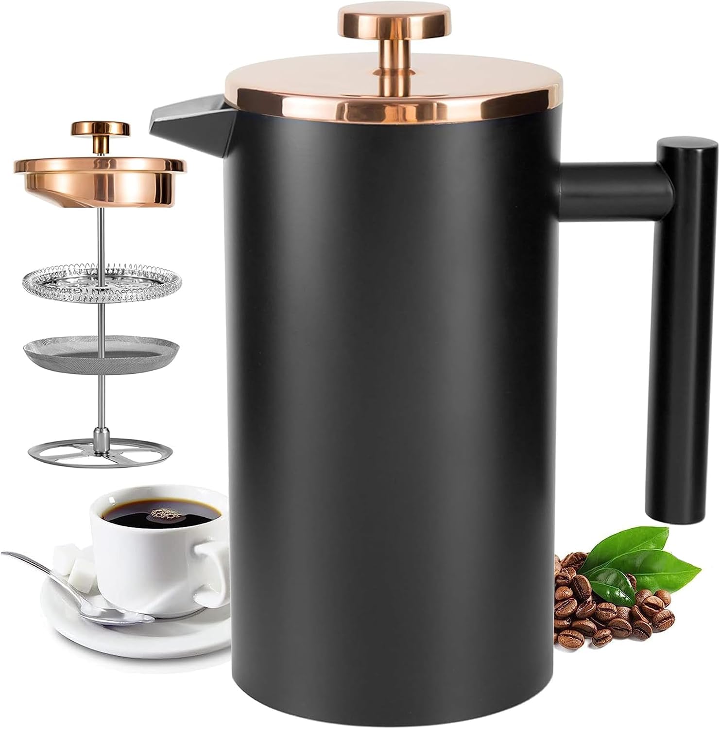 Cafetiere French Press Small 350ml/12oz, Cafetiere Stainless Steel Double-Wall Metal Insulated Coffee Press, 3 Level Filtration System with 3 Extra Filter Screens, 1cup,Black