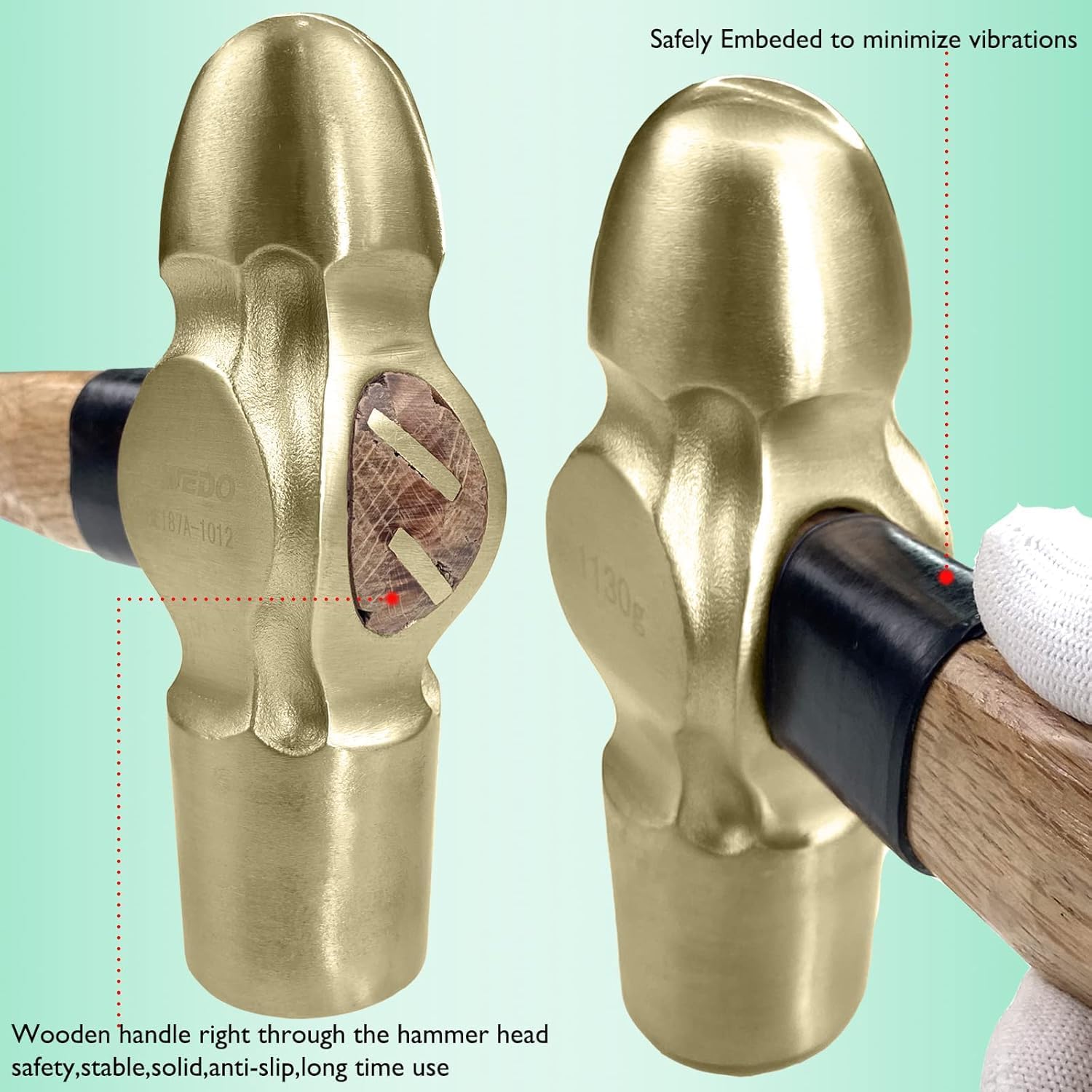 WEDO 3 martillos de bola de 1/2 libras + 3/4 libras + 1 libra sin chispas martillo de bola con mango de madera, bronce de aluminio, forjado a presión, resistente a la corrosión, certificado BAM y FM