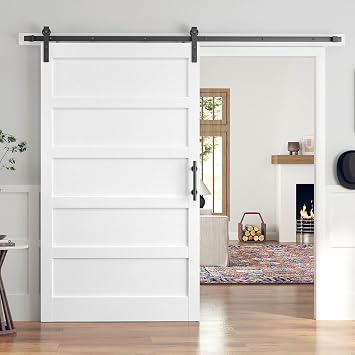 48x84 Inch White Sliding Barn Door Slab with 8ft Hardware Kit Included, 5-Panel, MDF Wood Panel Covered with Water-Proof Scratch-Proof PVC Surface, Simple DIY Assembly