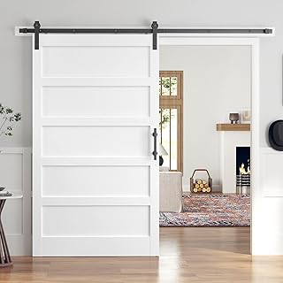 48x84 Inch White Sliding Barn Door Slab with 8ft Hardware Kit Included, 5-Panel, MDF Wood Panel Covered with Water-Proof Scratch-Proof PVC Surface, Simple DIY Assembly