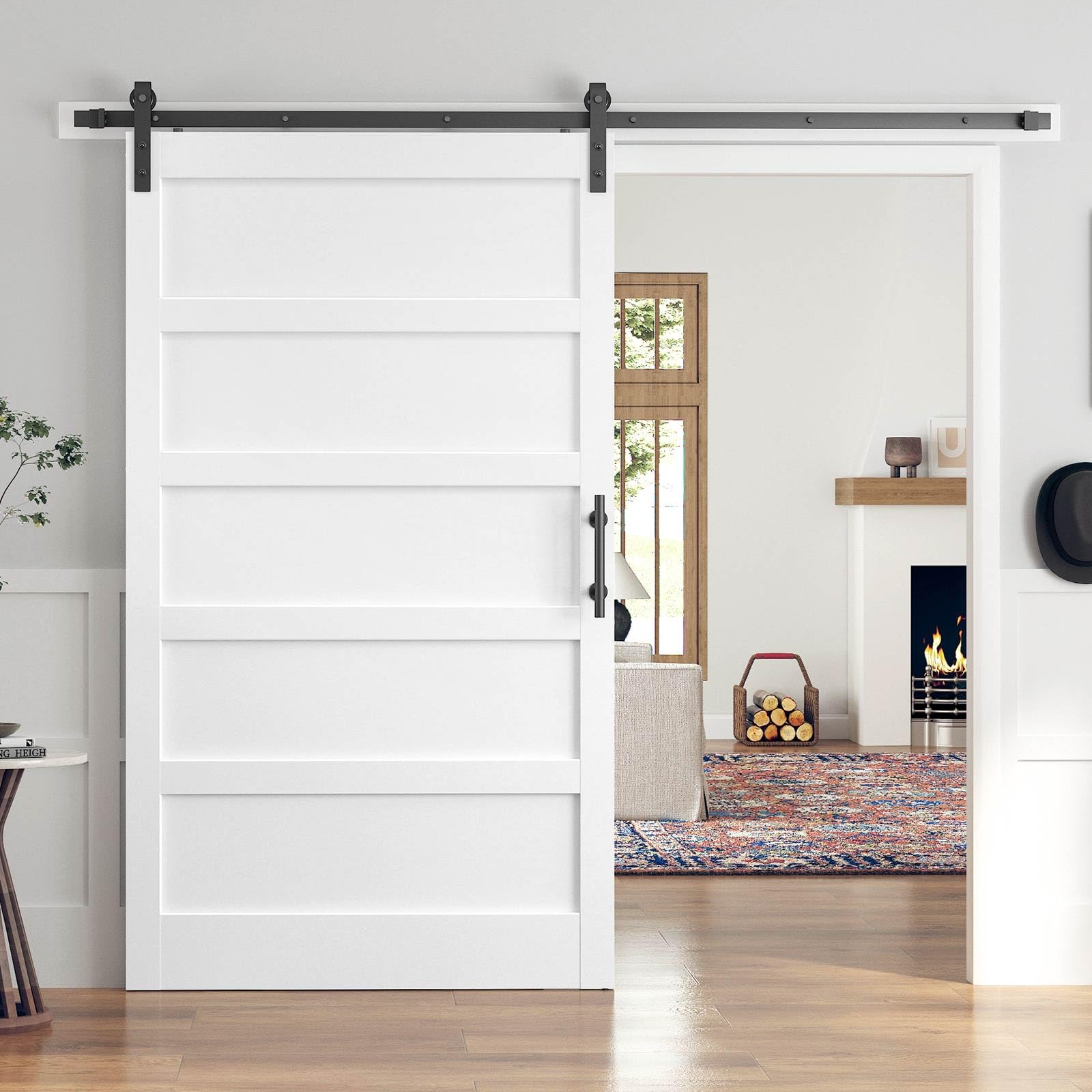 Photo 1 of ROYMELO 48x84 Inch White Sliding Barn Door Slab with 8ft Hardware Kit Included, 5-Panel, MDF Wood Panel Covered with Water-Proof Scratch-Proof PVC Surface, Simple DIY Assembly