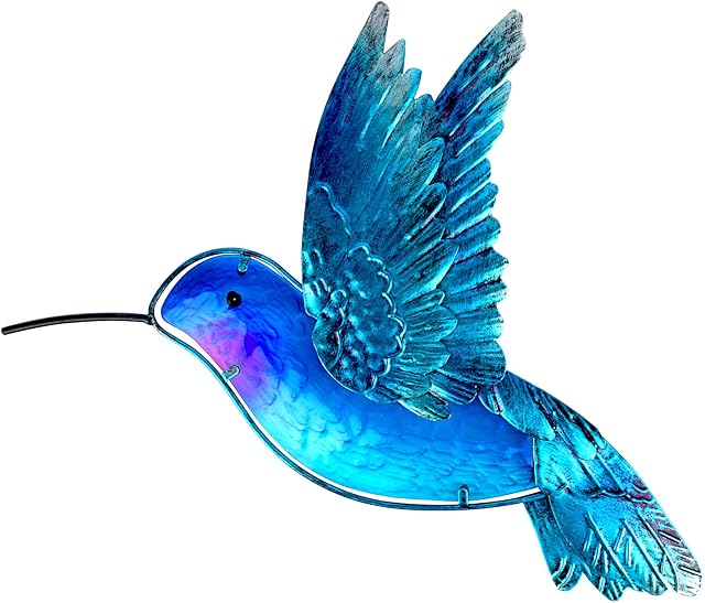 John's Studio Metal Hummingbird Wall Decor Bathroom Glass Art Iron Sculpture Outdoor Blue Hanging Decoration for Home Bedroom Garden Patio Porch or Fence - Blue