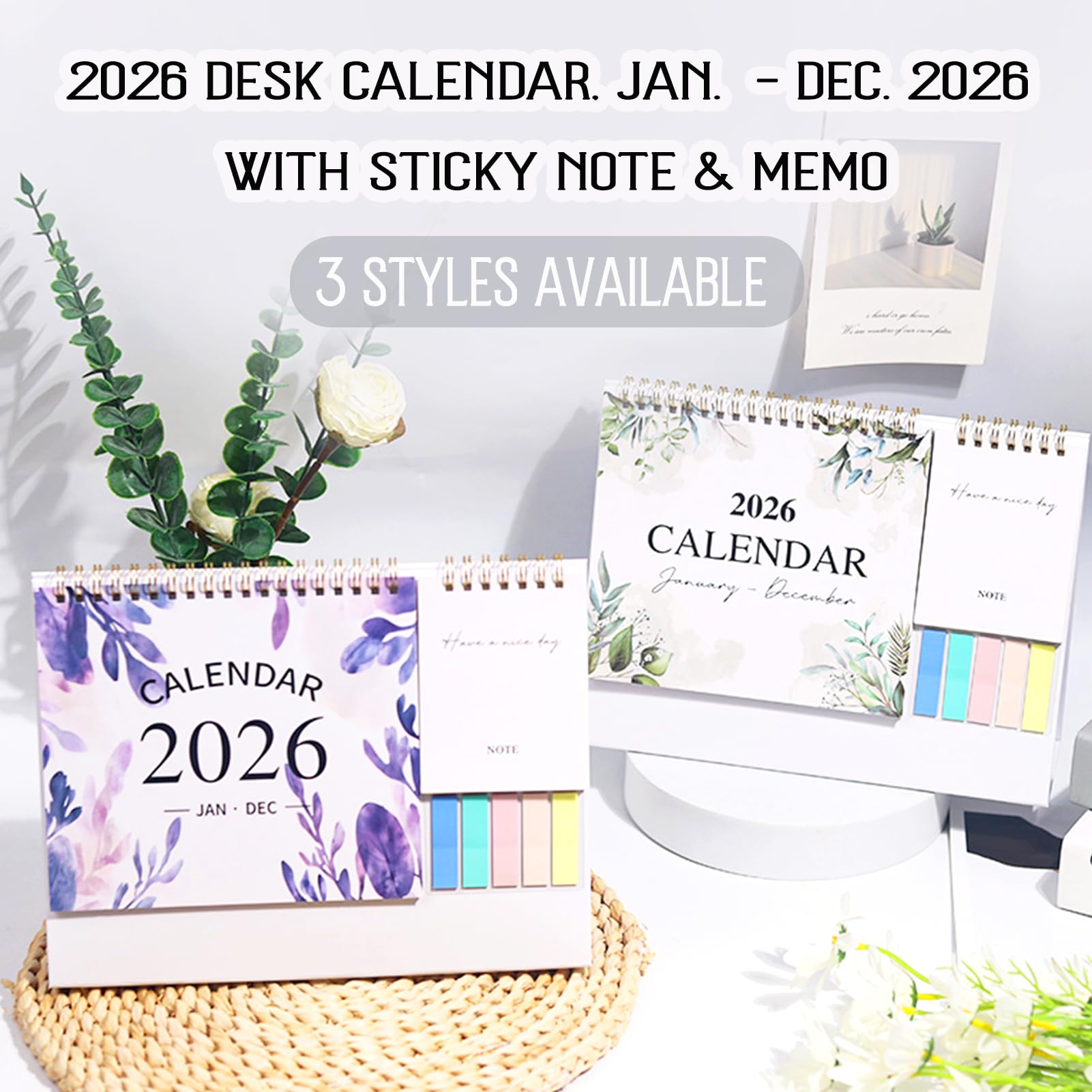 Kleiner Tischkalender 2026, stehender Schreibtischkalender 12 Monate (Jan. 2026 – Dez. 2026), 2-in-1-Klappkalender mit Haftnotizen und Memo-Seiten, 22,9 x 25,4 cm, dickes Papier, Blumenkalender für
