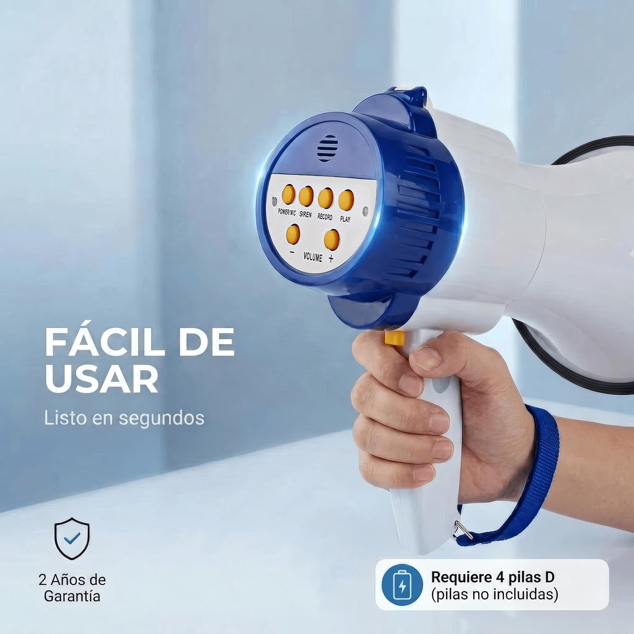 Nedis megáfono 250 m 150 dB blanco azulado con correa y micrófono incorporado sirena grabación