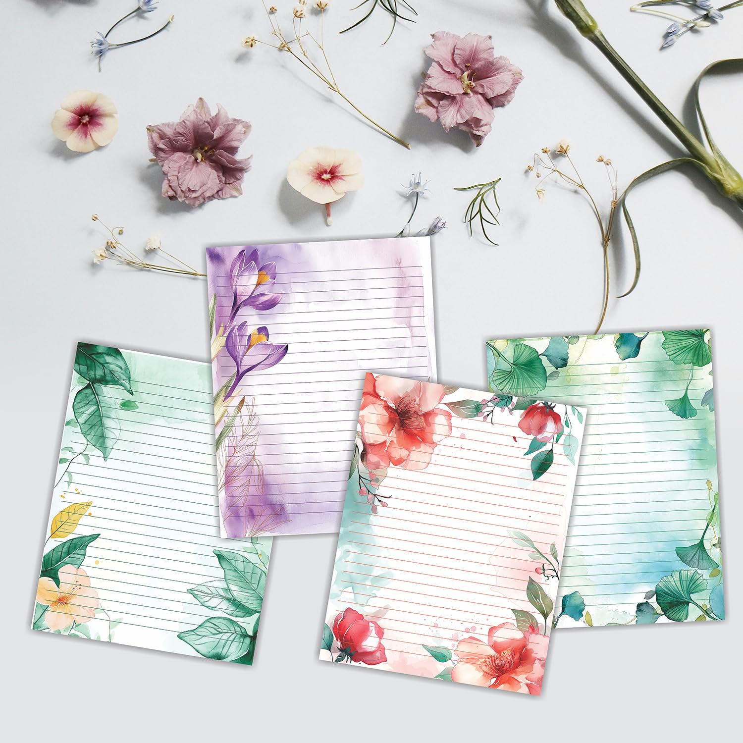 PARTH IMPEX Aquarell-Briefpapier, liniert, 21,6 x 27,9 cm, Briefgröße, liniert, Briefpapier, 120 g/m², dick, dekoratives Scrapbooking, buntes antikes Blumen-Design, 56 Blatt