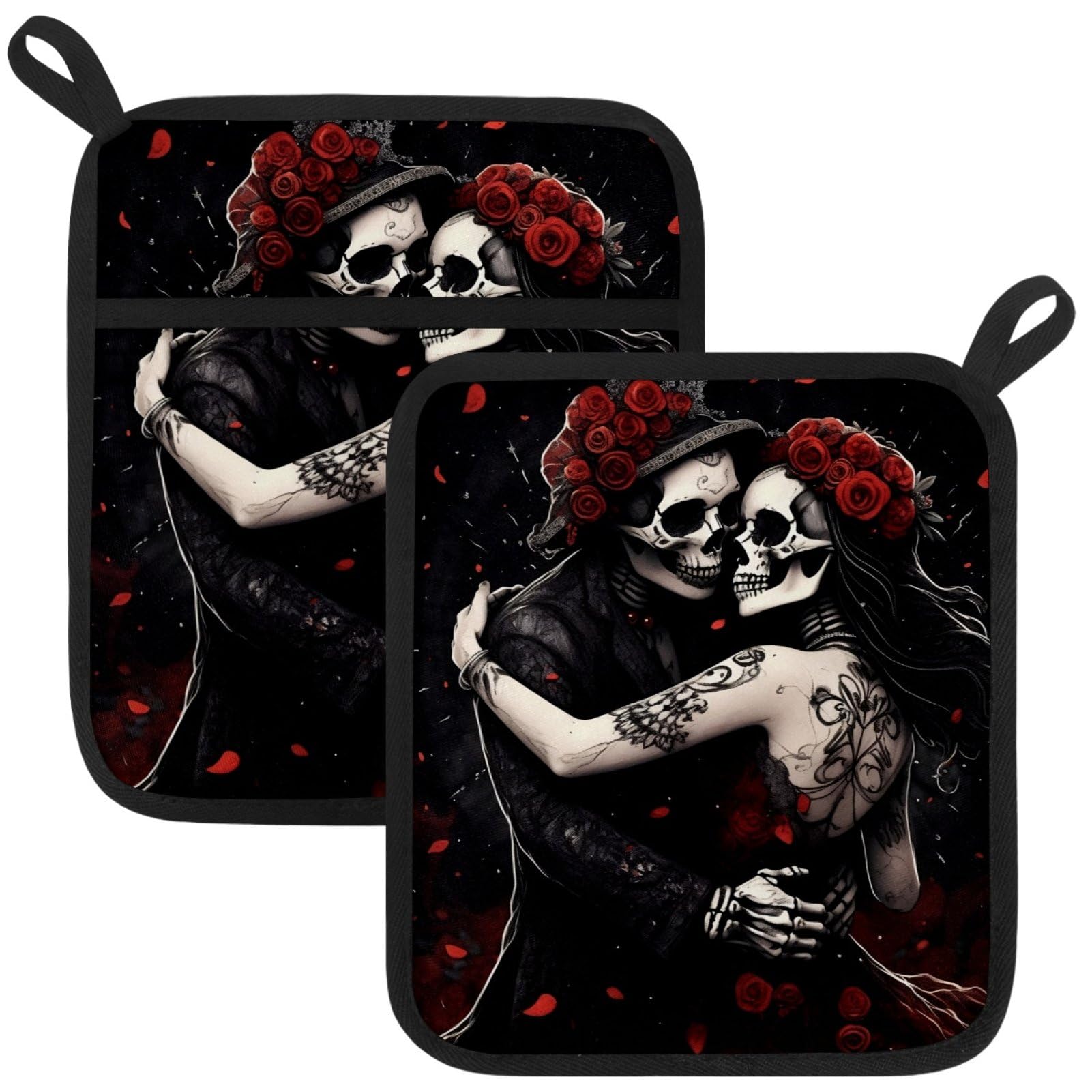 VAPOKF Skeleton Couple Heat Resistant Pot Holders, Thick Pot Holders Pad with Hanging Loop for Kitchen, Oven Cloth Pads for Kitchen Baking Microwave Oven