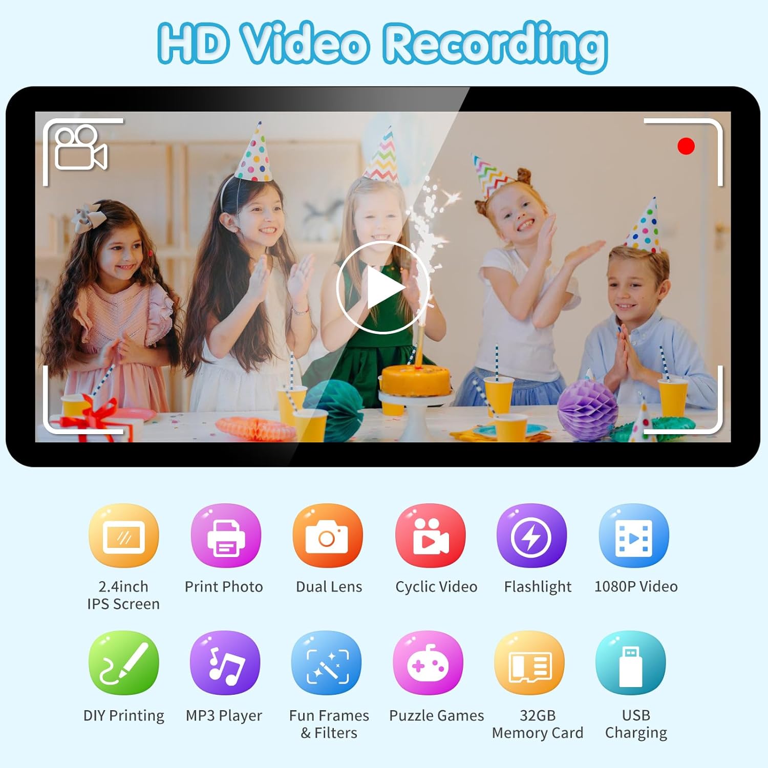Screen showing HD video recording with icons for various camera features
