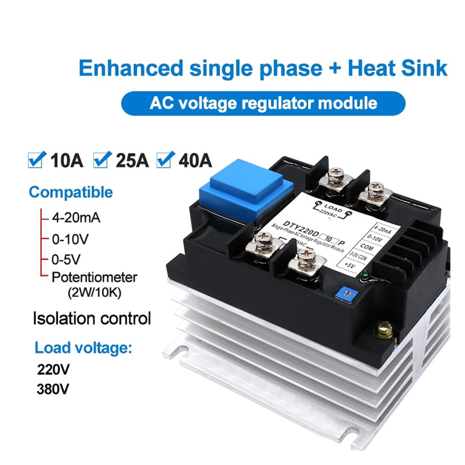 Regolatore di Tensione CA monofase con relè e modulo dissipatore di Calore con Controllo potenziometro 0-10V 4-20MA 0-5V 220V 380V(40A,220V)