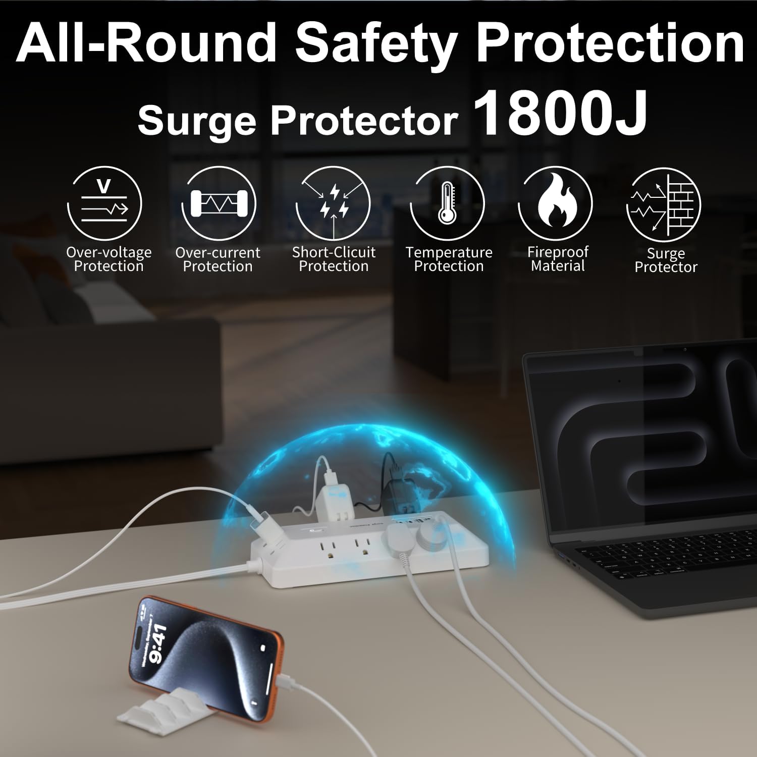 Surge Protector Power Strip with USB Ports, 12 Outlets 2 USB-C 2 USB-A, 6 Ft Flat Plug Extension Cord, Multi Plug Outlet with Phone Holder for Desk, Office, Home, Dorm, UL Certification (White)