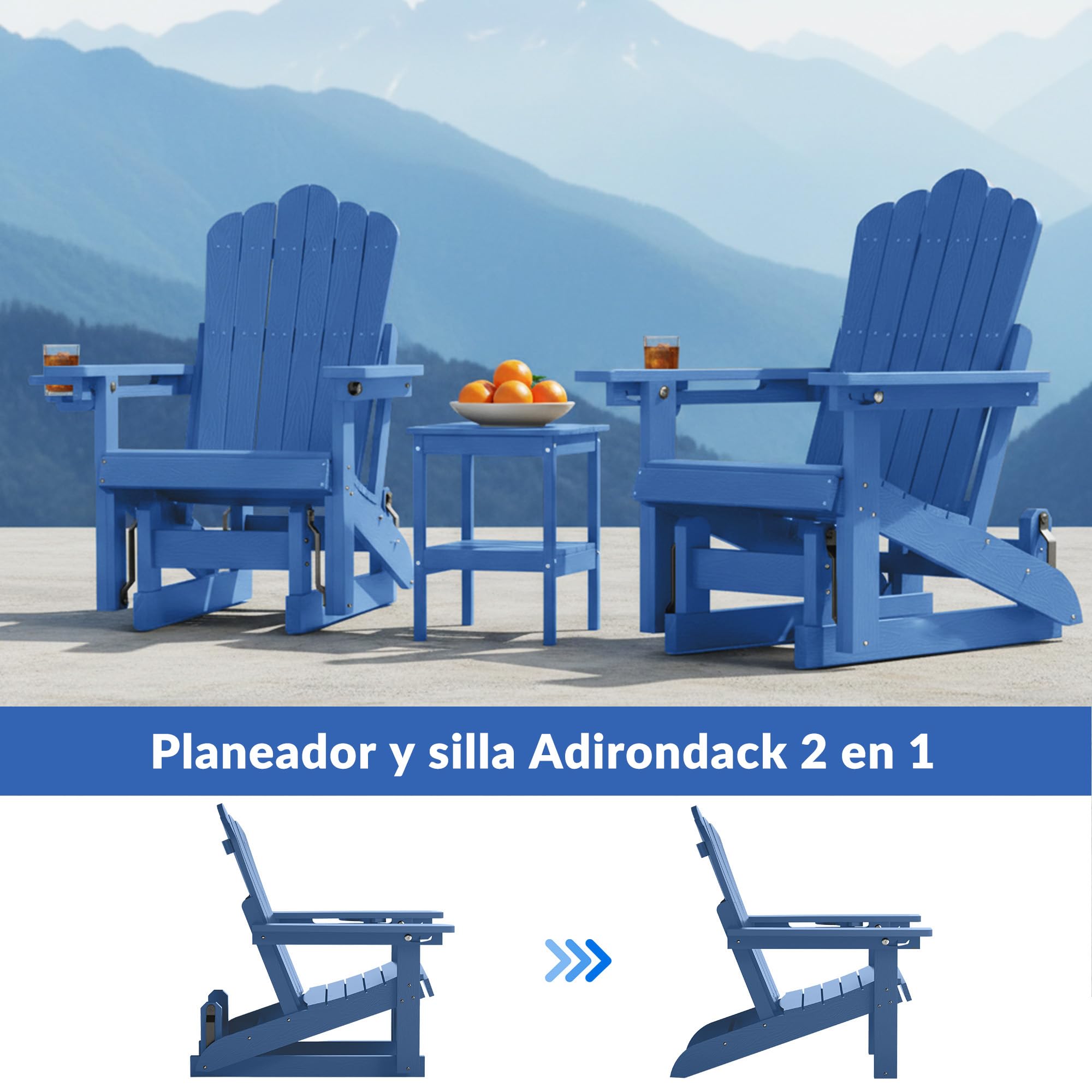 Silla Adirondack con Respaldo Ajustable, Mecedora de Patio con Efecto Madera y portavasos, Ideal para Exteriores, con Mecanismo de balanceo Suave y Capacidad de Peso de 200 kg.