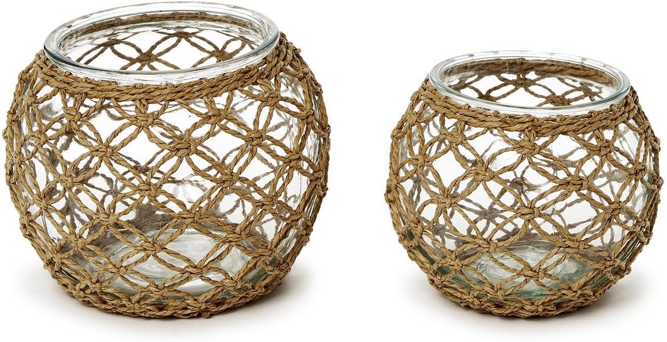 Two's Company Glass Candle Holder with Paper Wrap Lattice, Set of 2