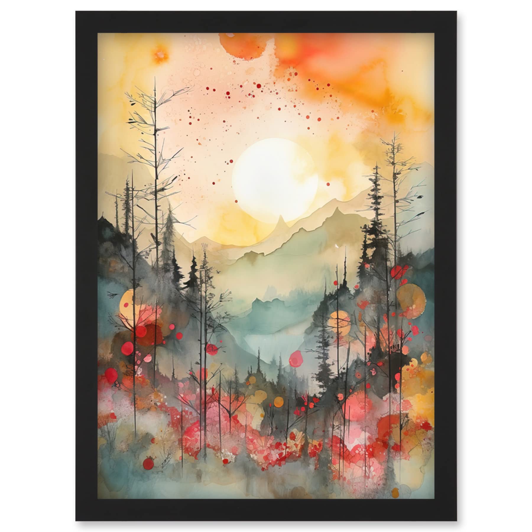 Artery8 Sunrise Over Misty Mountain Forest Landscape Modern Watercolour Painting Artwork Framed Wall Art Print A4