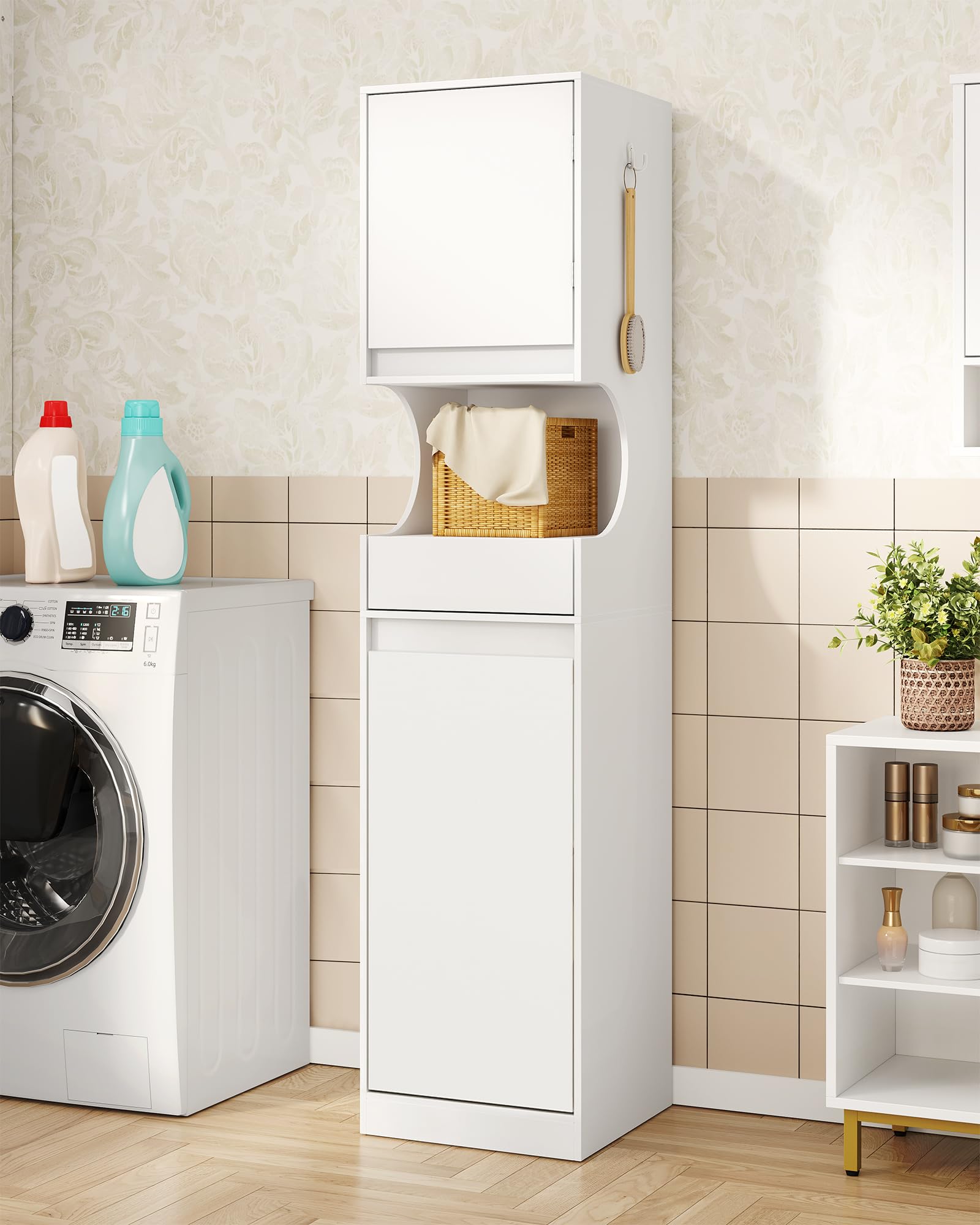 Hzuaneri Mobile da Bagno Alto, Armadio a Colonna da Bagno Salvaspazio, Con cesto portabiancheria pieghevole, Ripiani Regolabili, per Soggiorno, Lavanderia, 40 x 40 x 174 cm, Bianco BC43013X