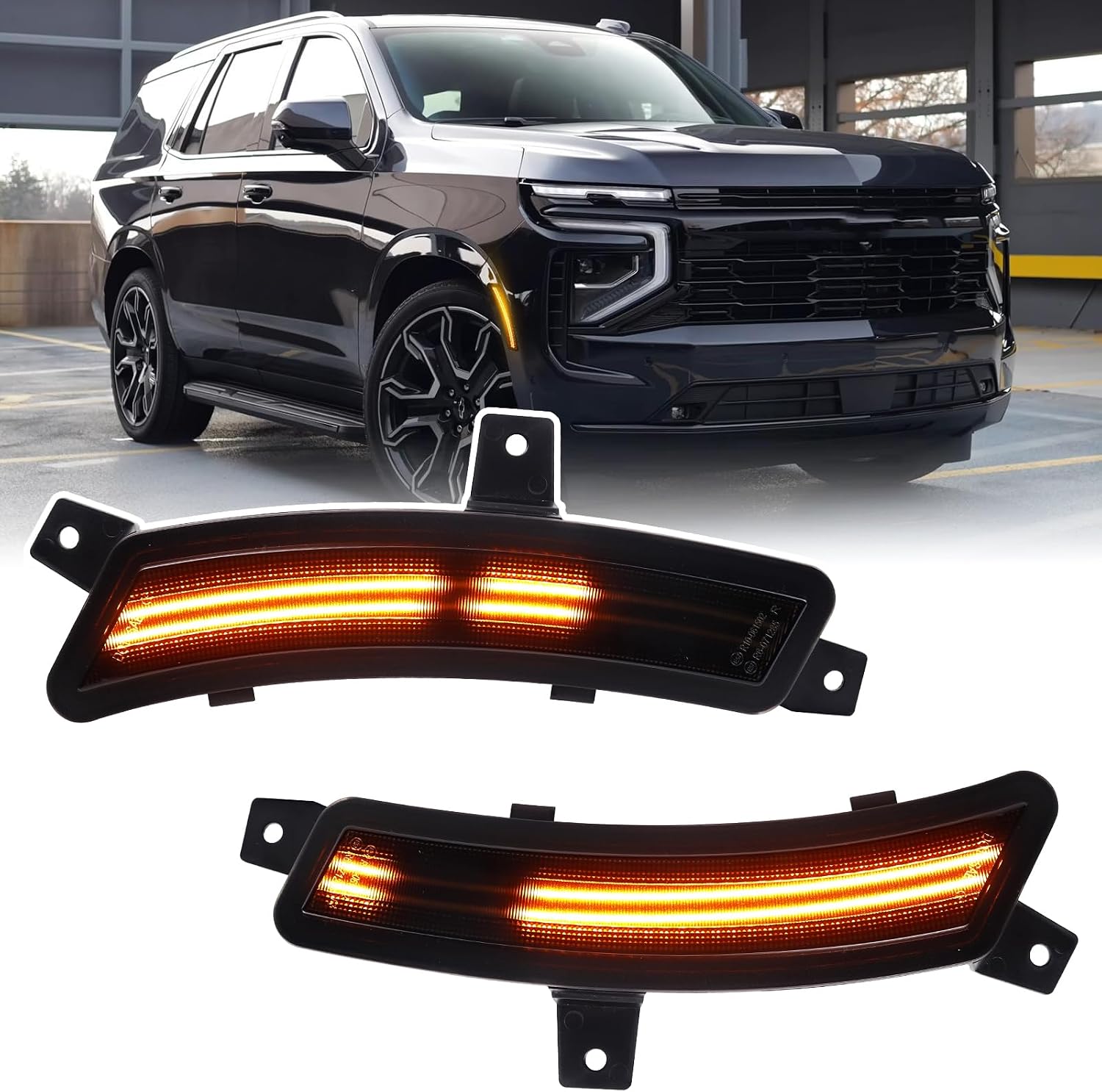 Dynamic Amber LED Side Marker Lights for 2025 2026 GMC Yukon XL Chevy Tahoe Suburban Cadilac Escalade ESV Upgrade Dual Row Sequential Scan Front Fender Sidemarkers Lamp with Smoked Lens 2PCS