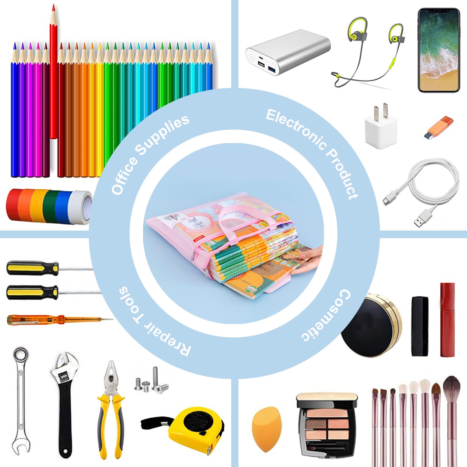 Set di 2 portadocumenti A4 in nylon impermeabili con doppia cerniera blu e rosa