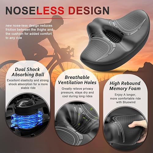Miniatura 9 de BLUEWIND Nuevo asiento de bicicleta de gran tamaño sin nariz, asiento de bicicleta ancho, diseño de respaldo novedoso para bicicleta eléctrica