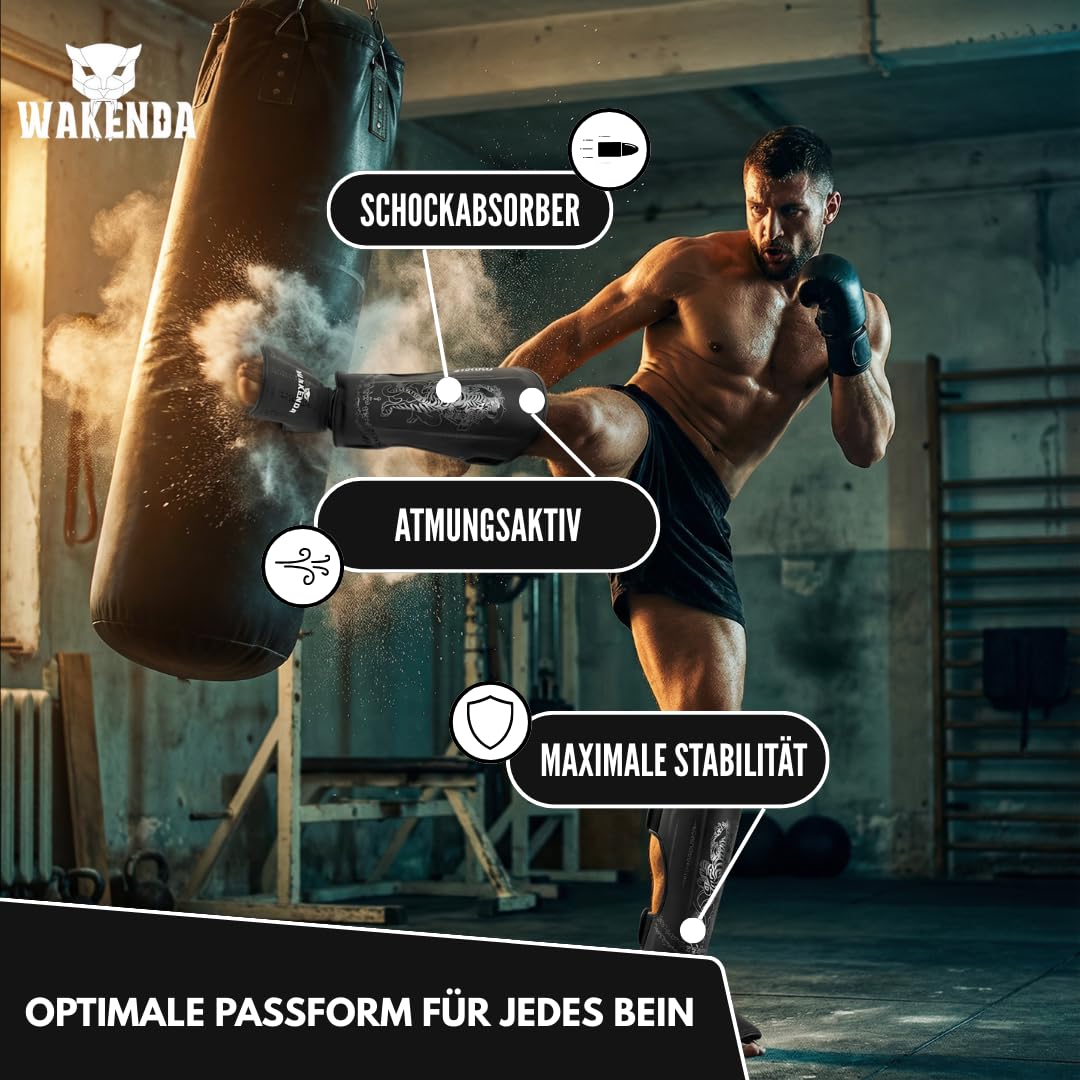 Schienbeinschoner WAKENDA | Ideal für Kickboxen, Thaiboxen, MMA | Fester Sitz mit Perfekter Polsterung für Sparring oder Pratzen Training (L)
