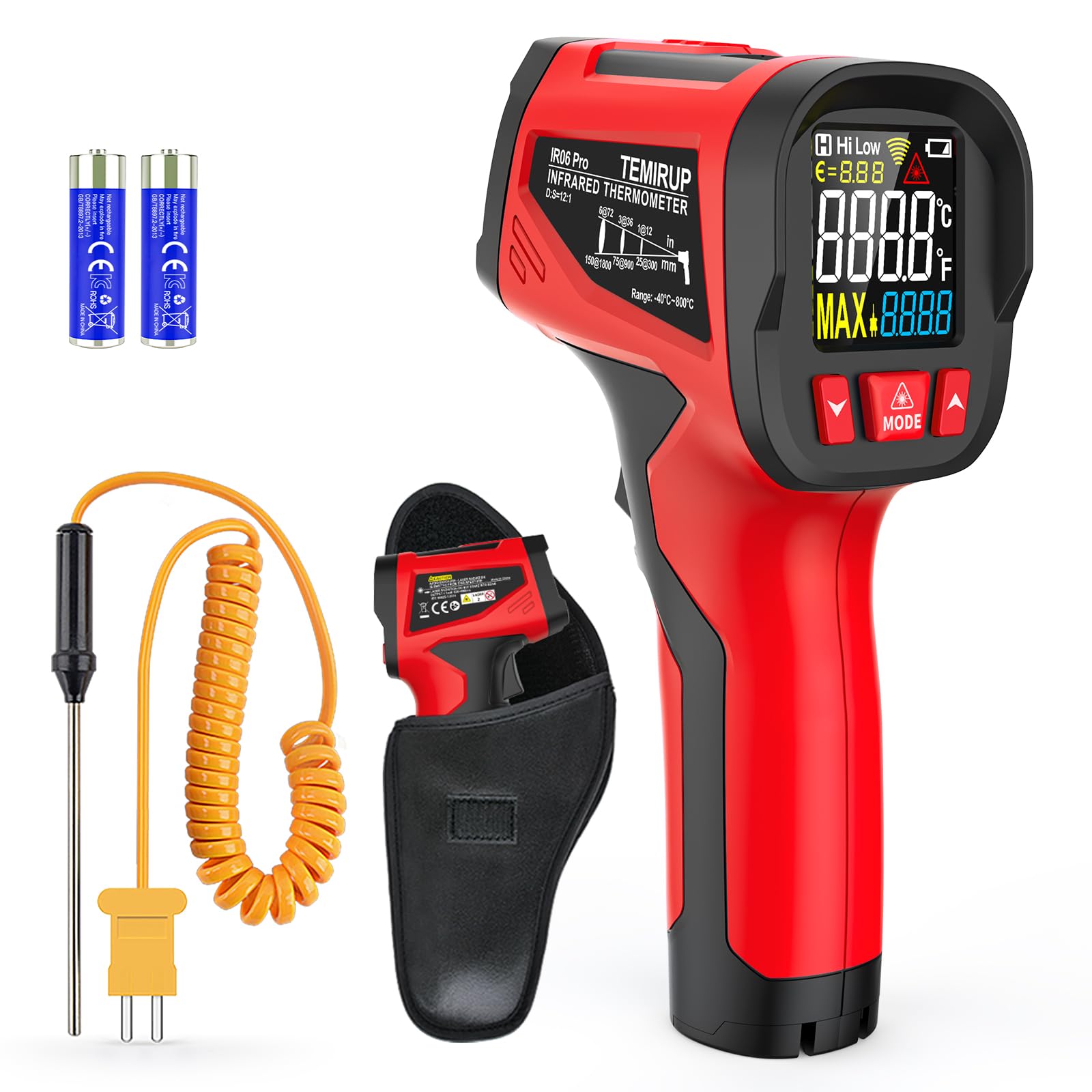 Pistola de temperatura con termómetro infrarrojo, -40.0 °C ~ 800.0 °C, pistola de temperatura láser digital con sonda para cocinar, hornos de pizza, planchas, carne, HVAC, pistola de
