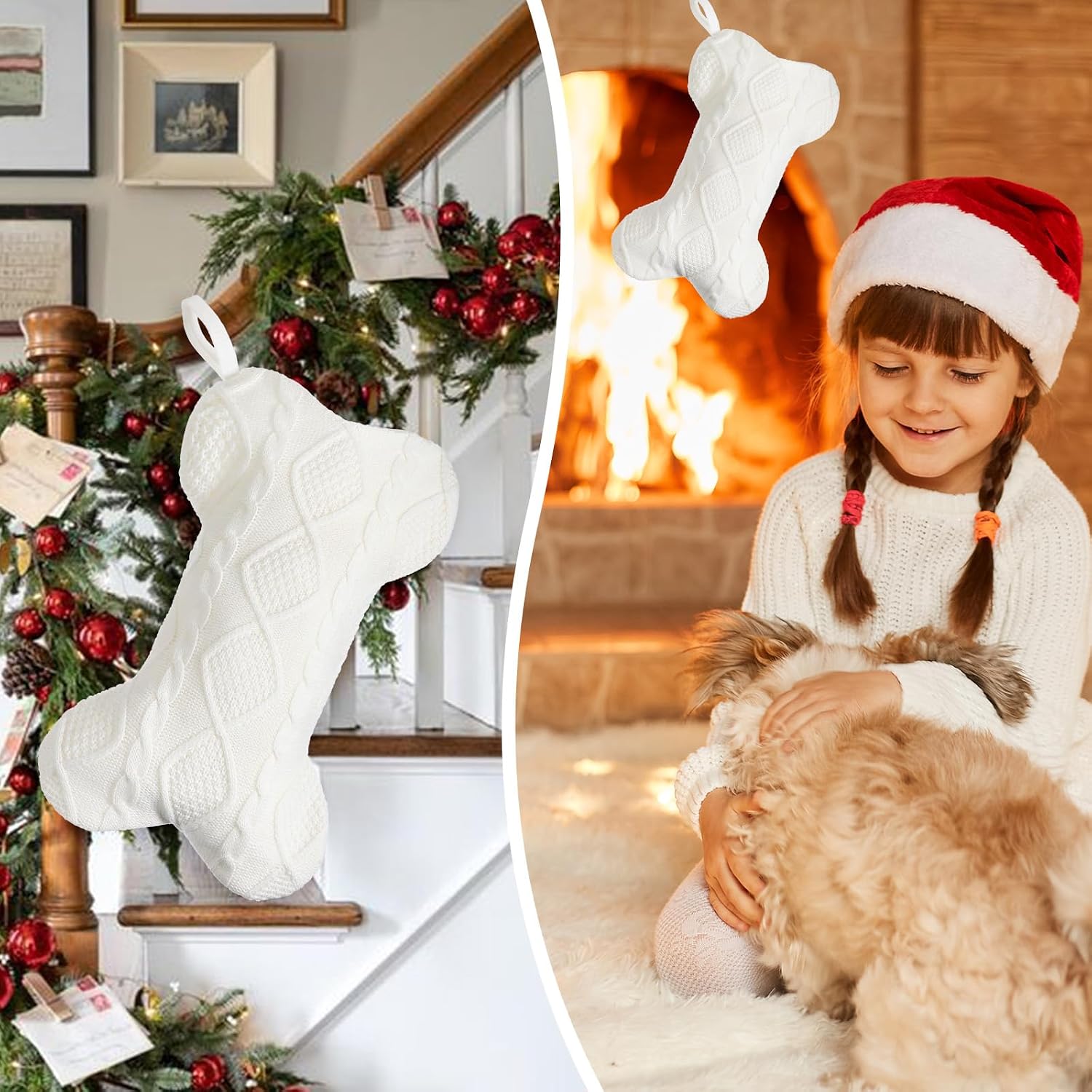 Dog Christmas Stocking, Bone Shape Christmas Stocking for Dogs, 18 Inch White Large Double Side Knitted Christmass Stockings, Hanging Christmas-Stocking Family Holiday Party Decor