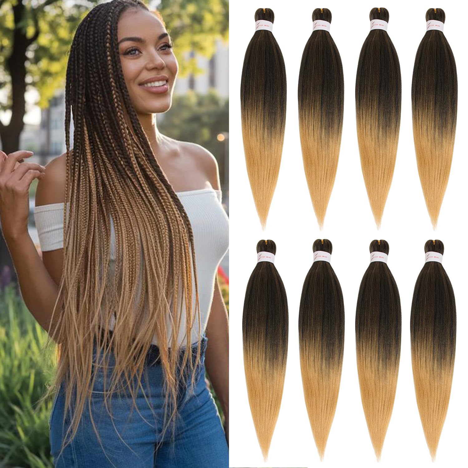 Mscat 26 Inch 8 Packs Pre Stretched Braiding Hair Ombre Brown Pre Stretched Braiding Professional Synthetic Prestretched Crochet Braids Hair Extension Hot Water Setting Yaki Texture (T27#)