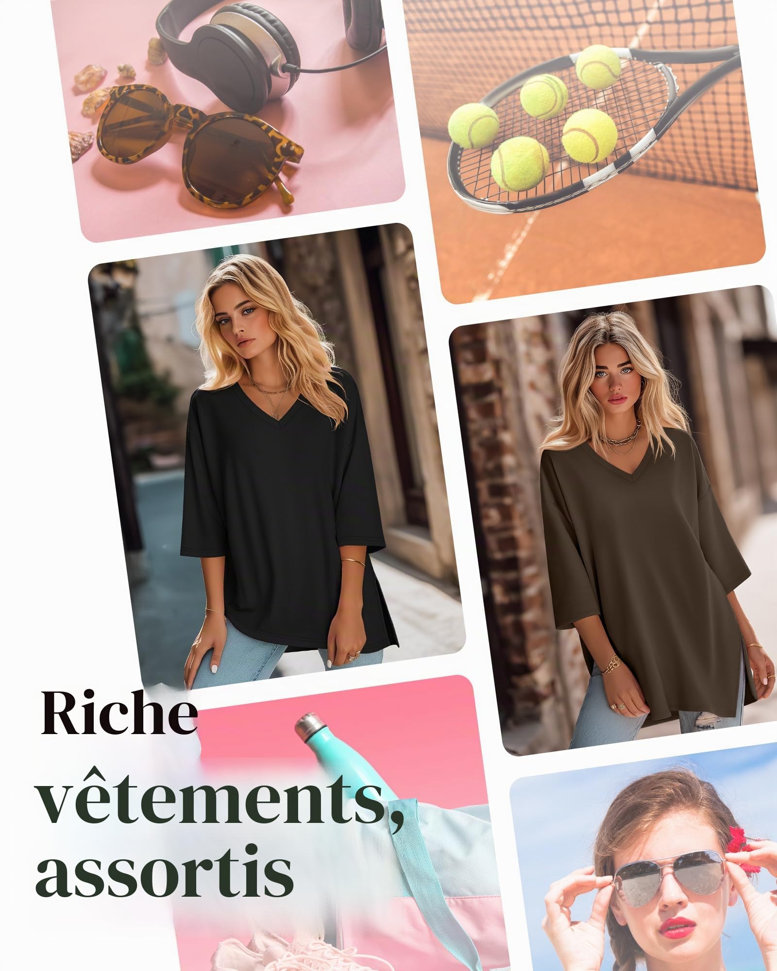 3 Tops Femme Oversize Manches 3/4 Col V | Tuniques À Fentes Latérales, T-shirts Amples, Vêtements Respirants, Hauts DécontractéS, Tenue Superposée, Mode Automne