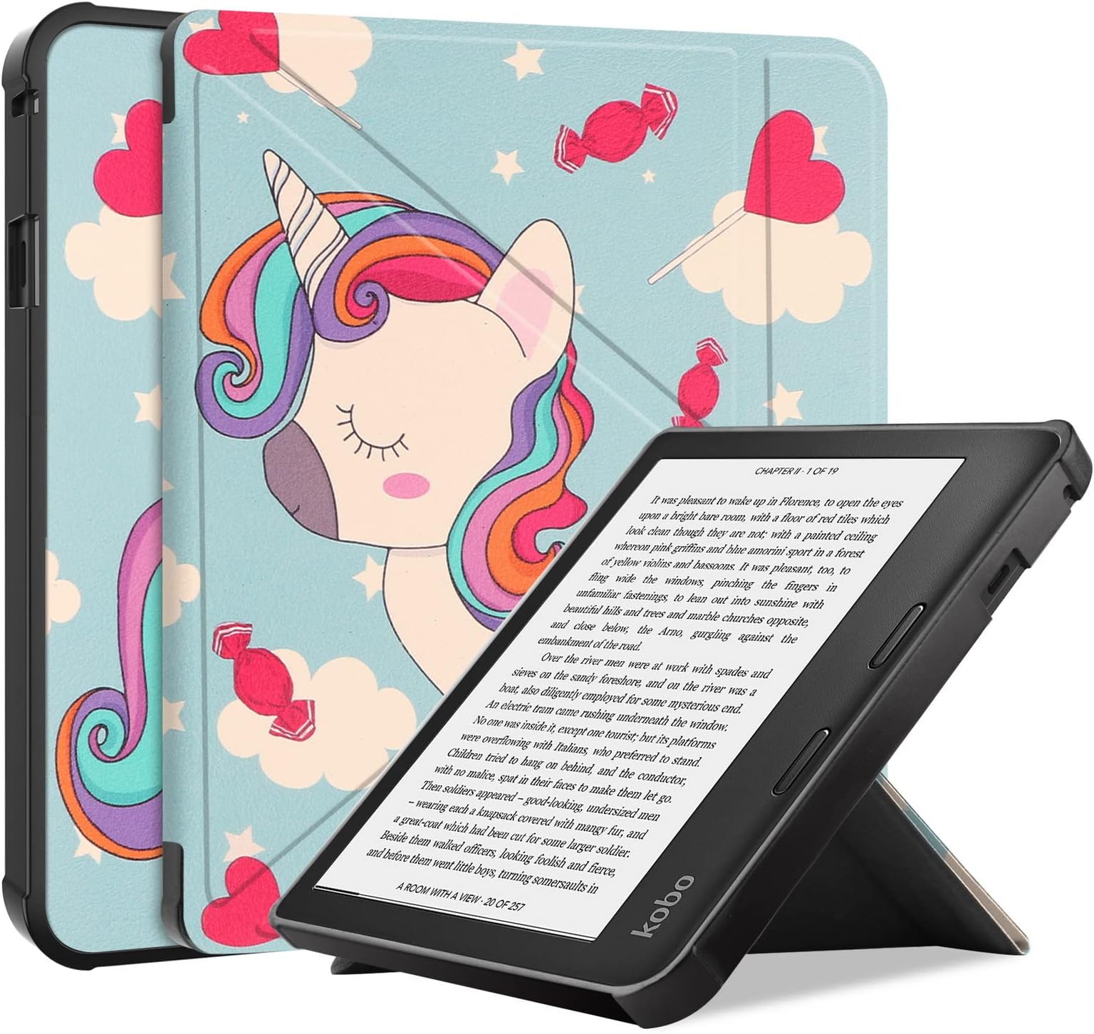 DWayboxCase for Kobo Sage 8 inch E-Reader Released 2021, Soft TPU Matte Back Cover, Slim Protective Smart Folio Shell Cover with Magnetic Closure and Stand Function -Unicorn