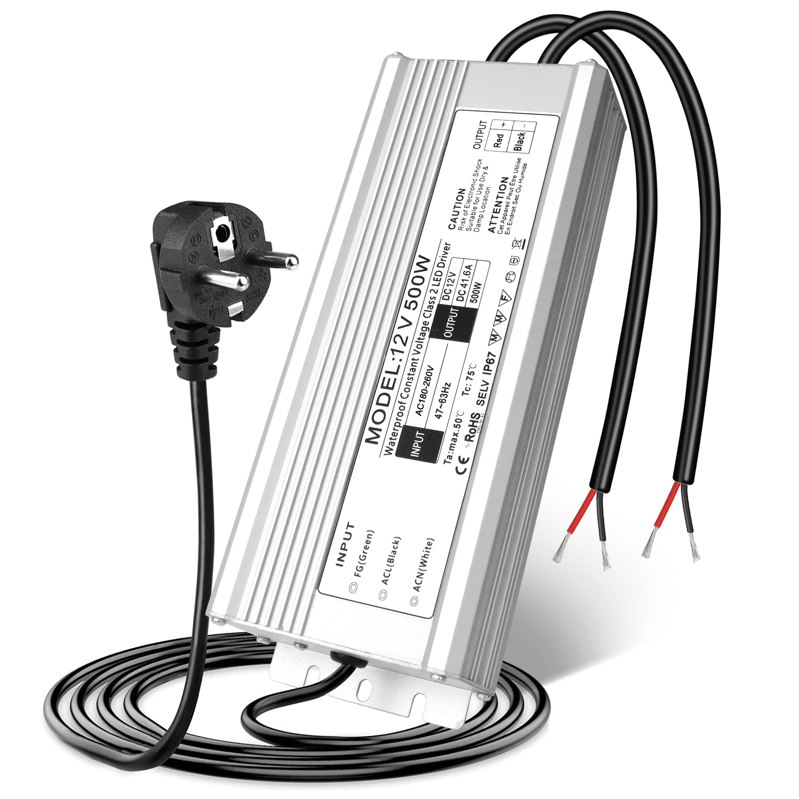 LightingWill Transformador LED 24V 500W IP67 Impermeable para Exterior con Enchufe, Fuente de Alimentación para Tiras LED, Lámparas, Focos y Cintas de Luz
