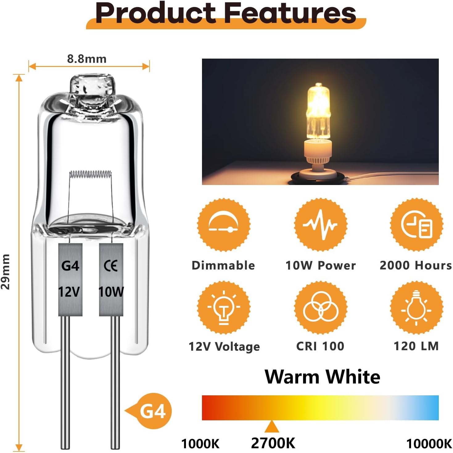 G4 Bulb 12 Pack, 12V 10W Halogen Bulbs 2 Pin, Dimmable, 2000Hrs Long Lifetime, 2700K Warm White, G4 Halogen Bulb Replacement for Under Cabinet Puck Light Chandeliers Track Lighting