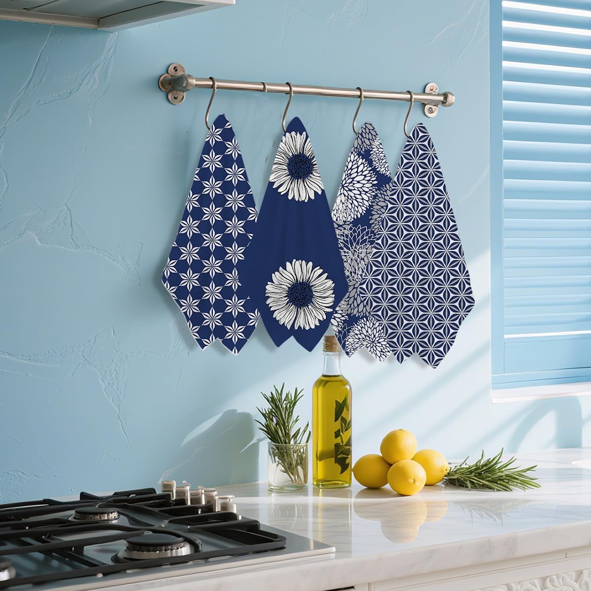 Hanamiya Na 4 Pcs Blue Flower Artistic Kitchen Towels, Blue Flower Absorbent Tea Hand Towel, Microfiber Dish Cloths for Drying Dishes, Waffle Dish Towels for Kitchen Bathroom, Housewarming Gifts - Image 5