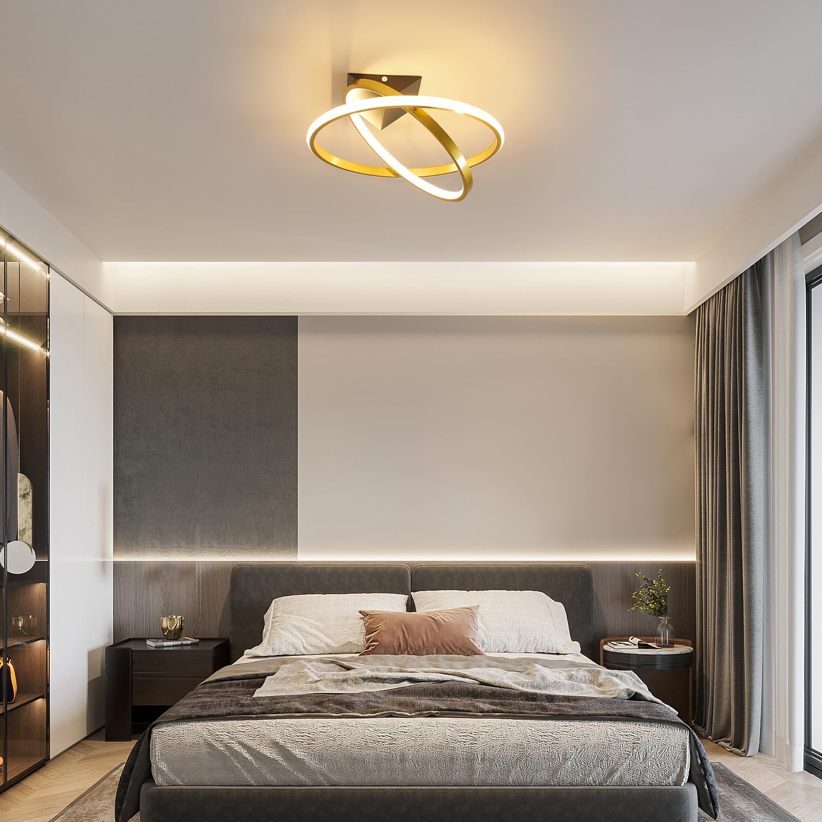 Plafoniera LED Soffitto Moderna, 32W 3600LM Lampada Dimmerabile con Telecomando 3000K-6500K, Ruotabile 360° Lampadario Moderno per Camera da Letto Soggiorno Cucina, Ø41CM, Oro