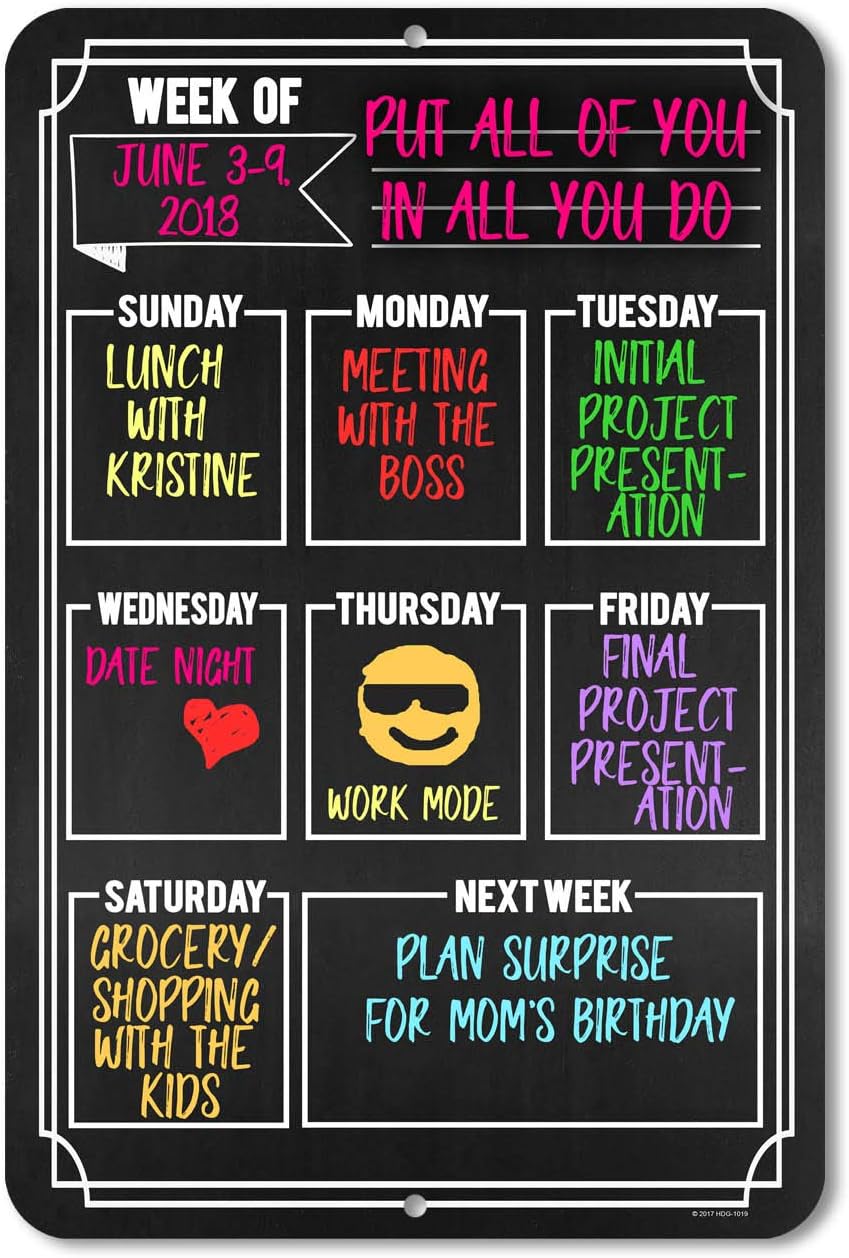 Honey Dew Gifts Chalkboard Style Weekly Calendar, Durable 12 inch by 18 inch Tin Sign, Hang on Your Wall, HDG-1019