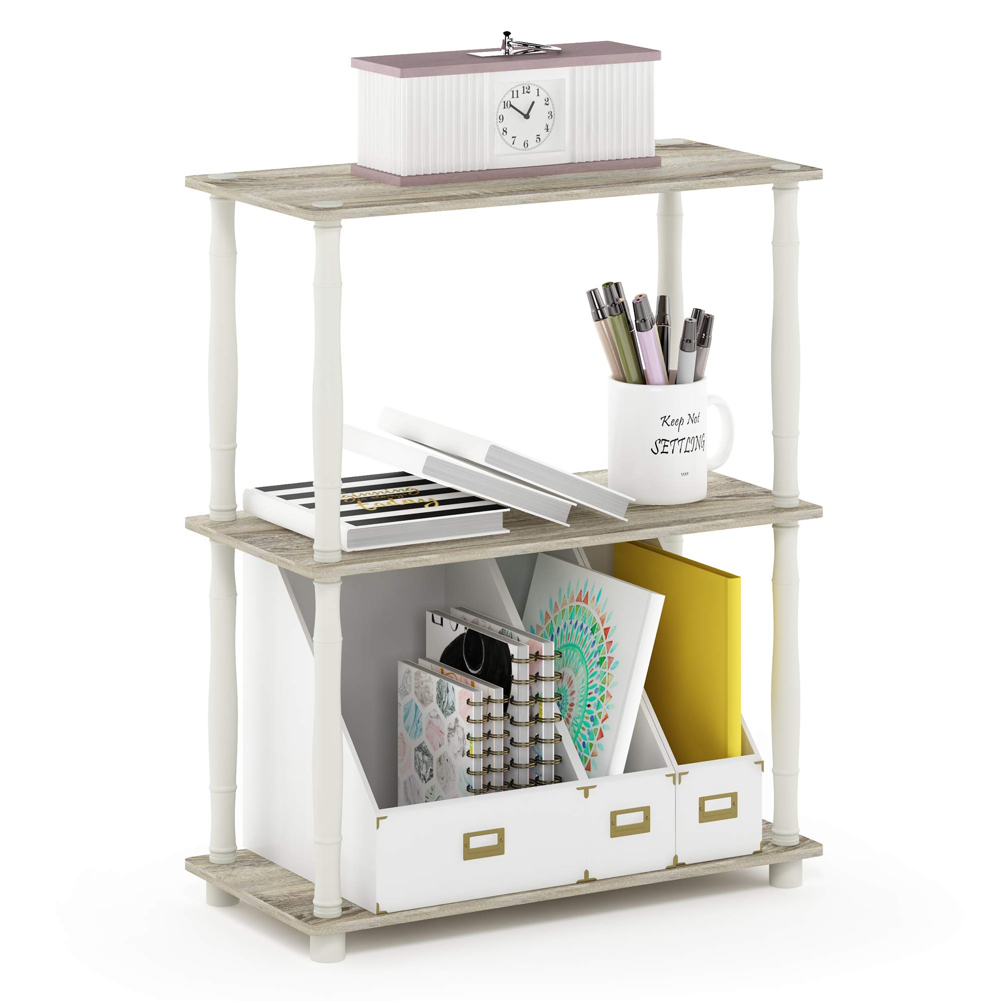 furinno turn-n-tube 3-tier compact multipurpose shelf display rack with classic tube, sonoma oak/white