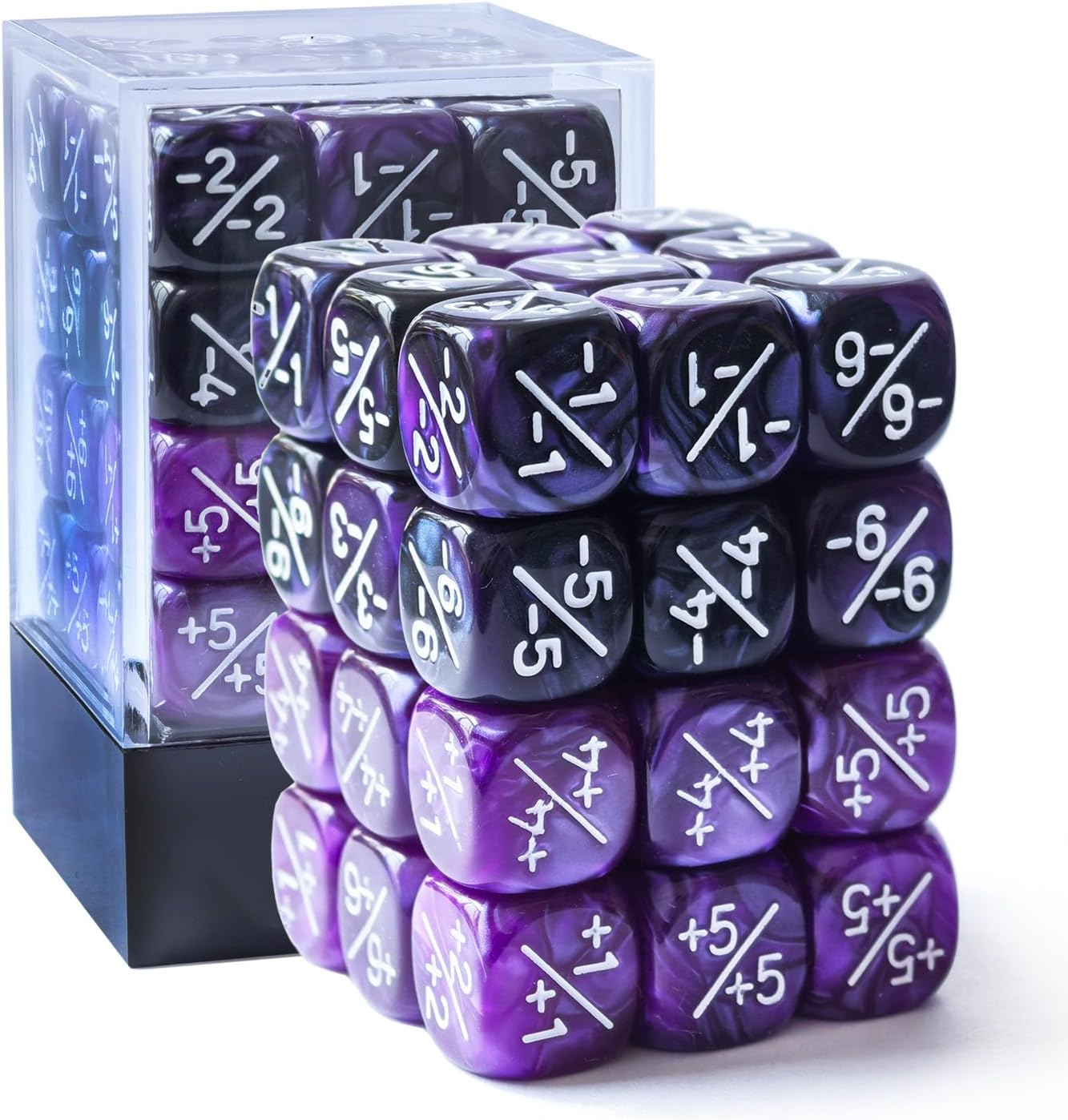 36pcs 12mm Positive and Negative Dice Counters Marble Purple+Gemini Purple&Black Set, Small Token Dice Compatible with MTG, CCG, Card Games