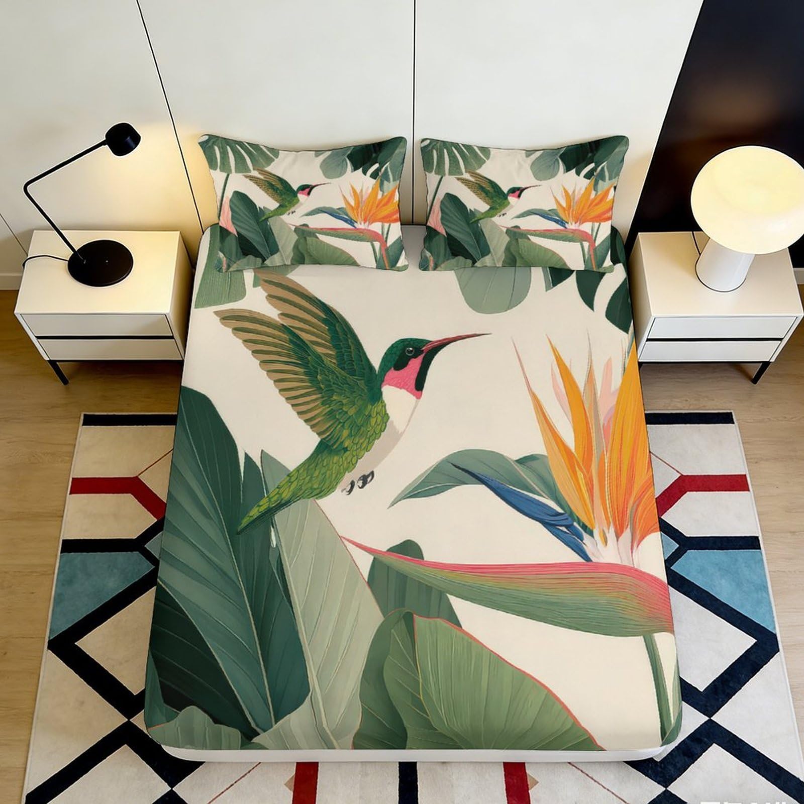 3D Printed Tropical Hummingbird Fitted Sheet Microfiber Soft Breathable Botanical Bed Cover for Bedroom Dormitory Guest Room Mattress Protection 140x200x25cm